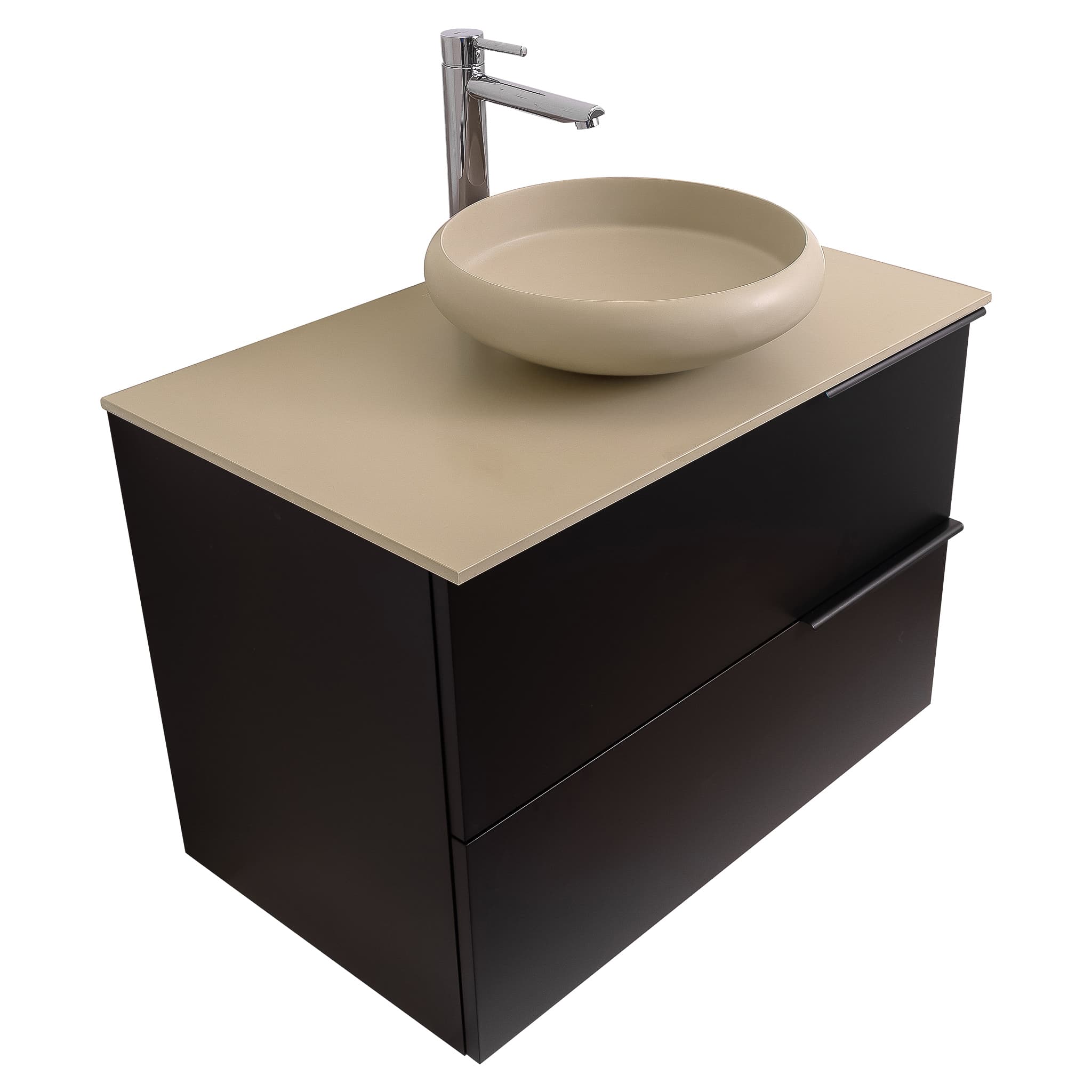 Mallorca 31.5 Matte Black Cabinet, Solid Surface Flat Taupe Counter And Round Solid Surface Taupe Basin 1153, Wall Mounted Modern Vanity Set