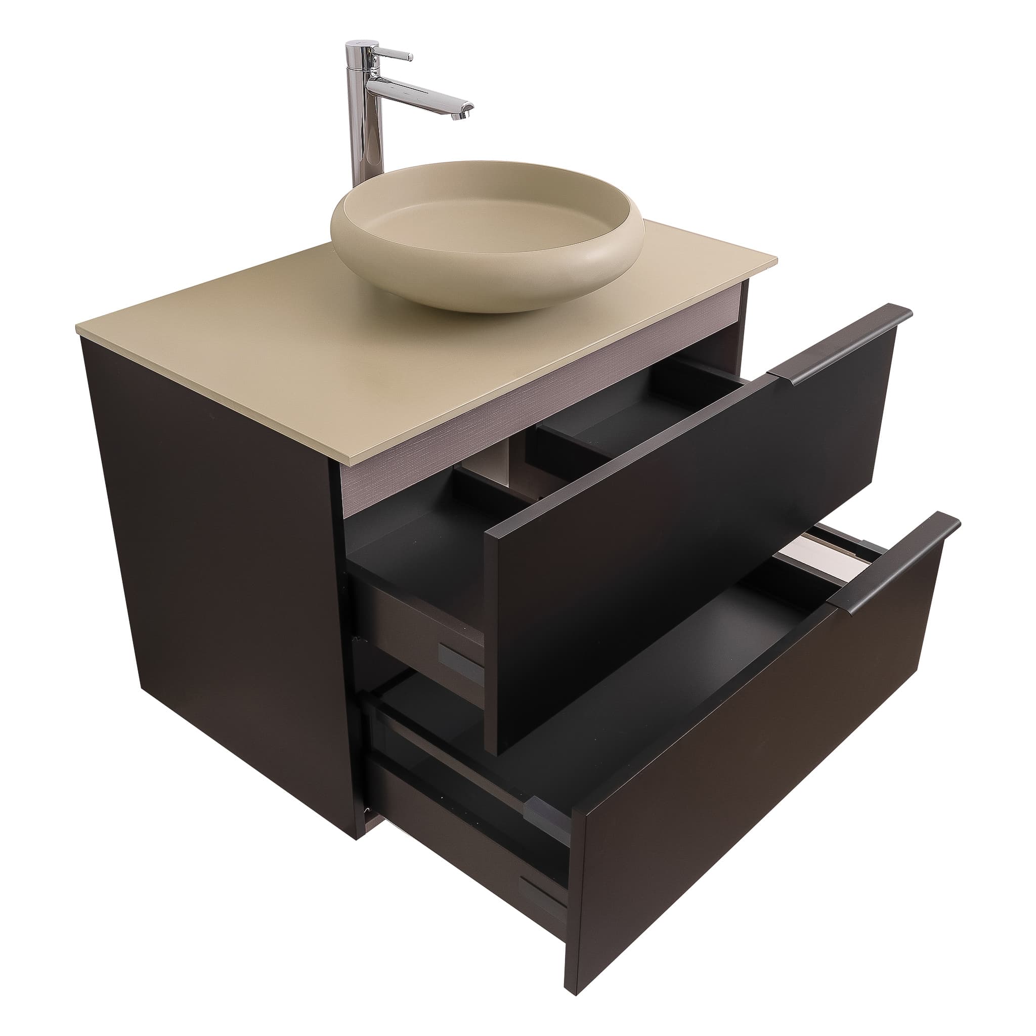 Mallorca 31.5 Matte Black Cabinet, Solid Surface Flat Taupe Counter And Round Solid Surface Taupe Basin 1153, Wall Mounted Modern Vanity Set