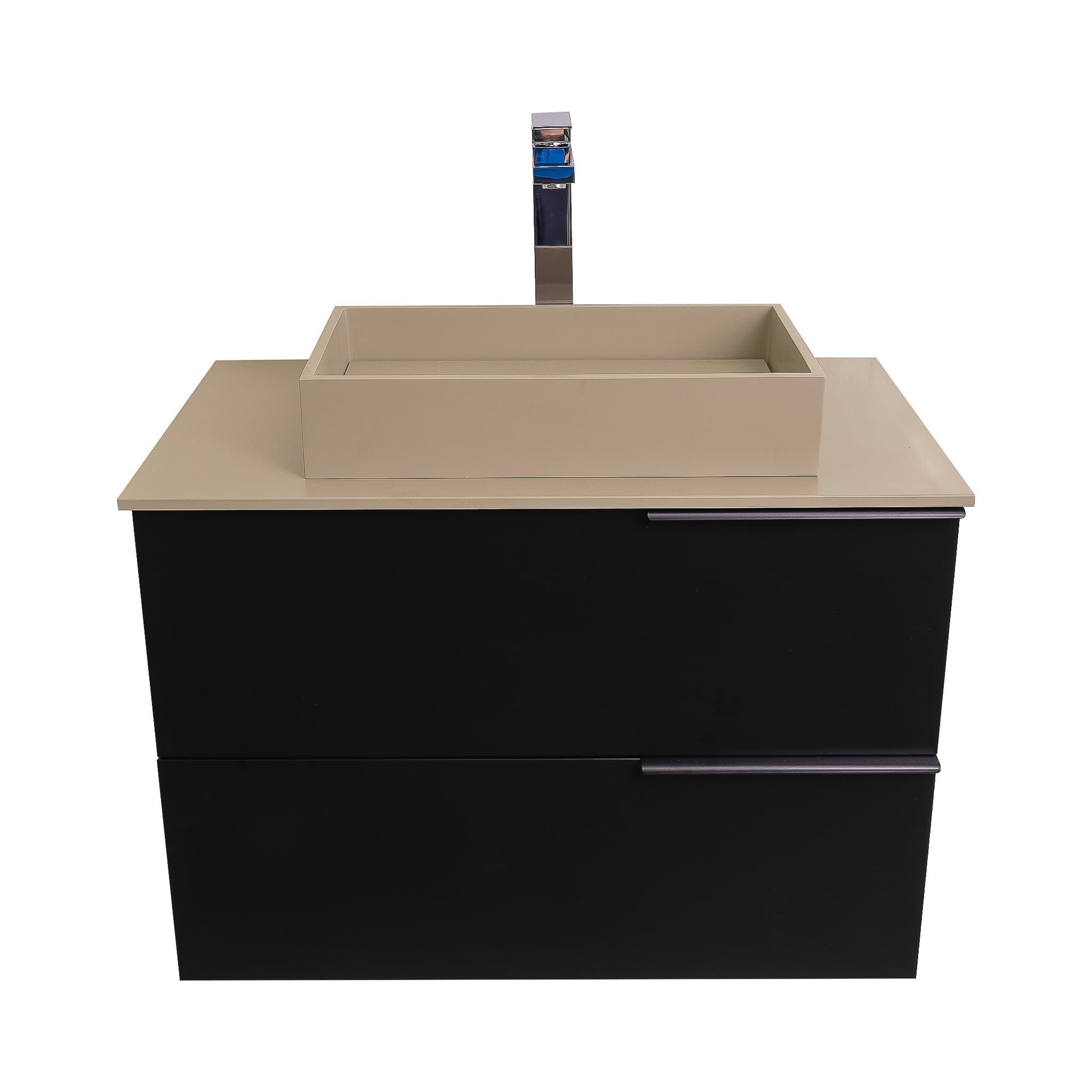 Mallorca 31.5 Matte Black Cabinet, Solid Surface Flat Taupe Counter And Infinity Square Solid Surface Taupe Basin 1329, Wall Mounted Modern Vanity Set