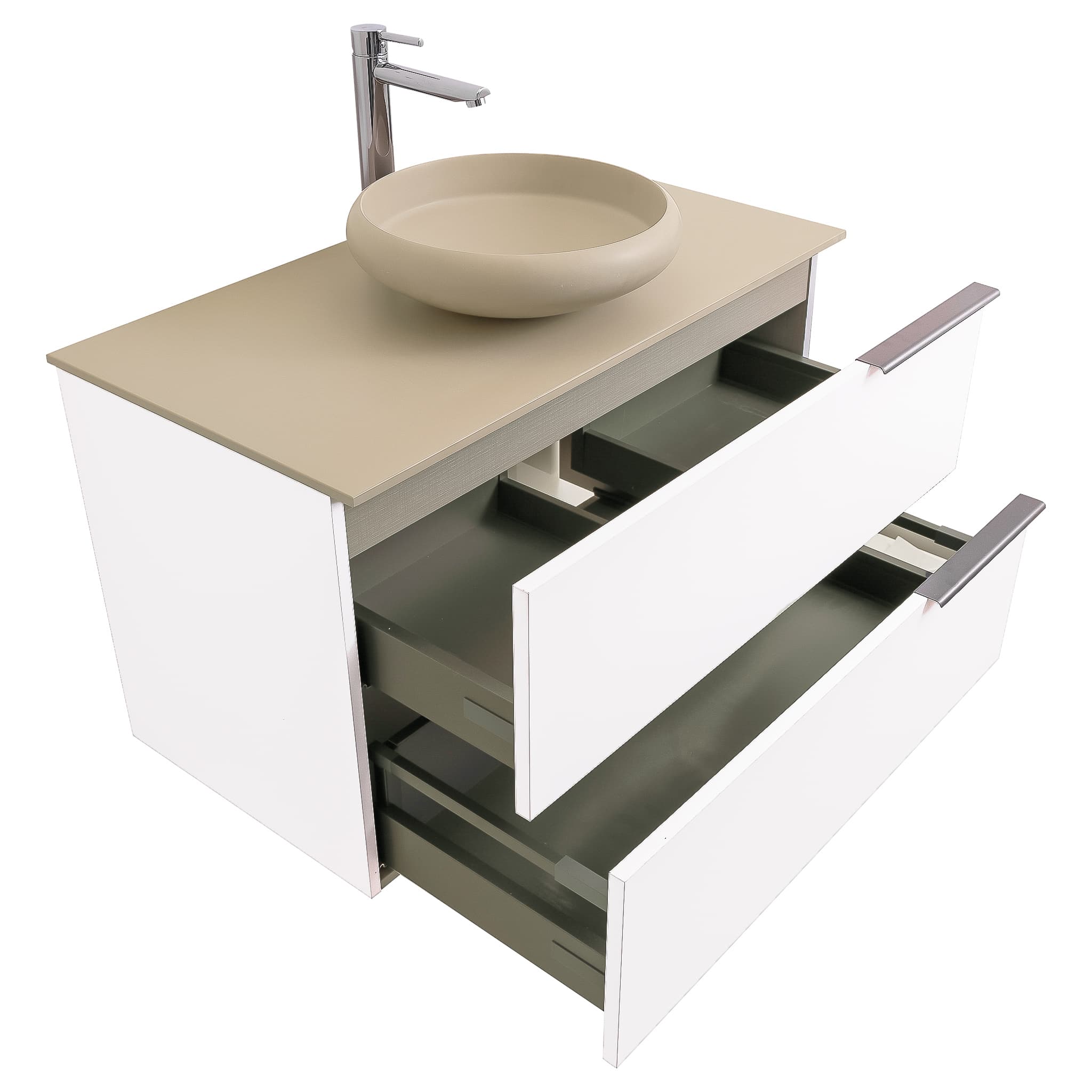 Mallorca 31.5 Matte White Cabinet, Solid Surface Flat Taupe Counter And Round Solid Surface Taupe Basin 1153, Wall Mounted Modern Vanity Set