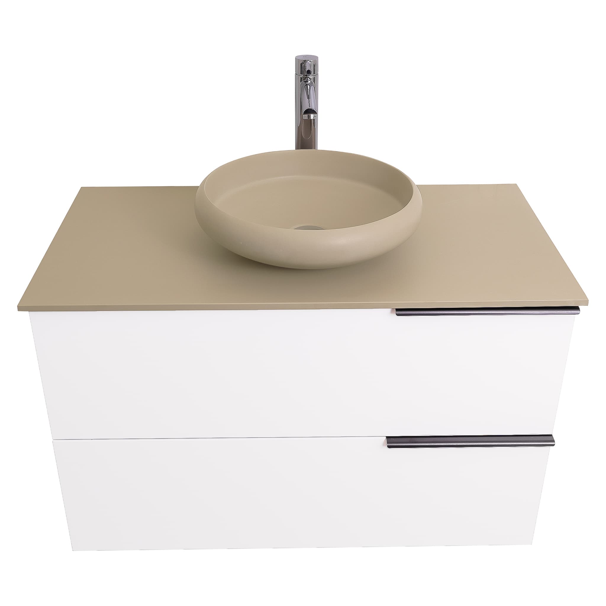 Mallorca 31.5 Matte White Cabinet, Solid Surface Flat Taupe Counter And Round Solid Surface Taupe Basin 1153, Wall Mounted Modern Vanity Set