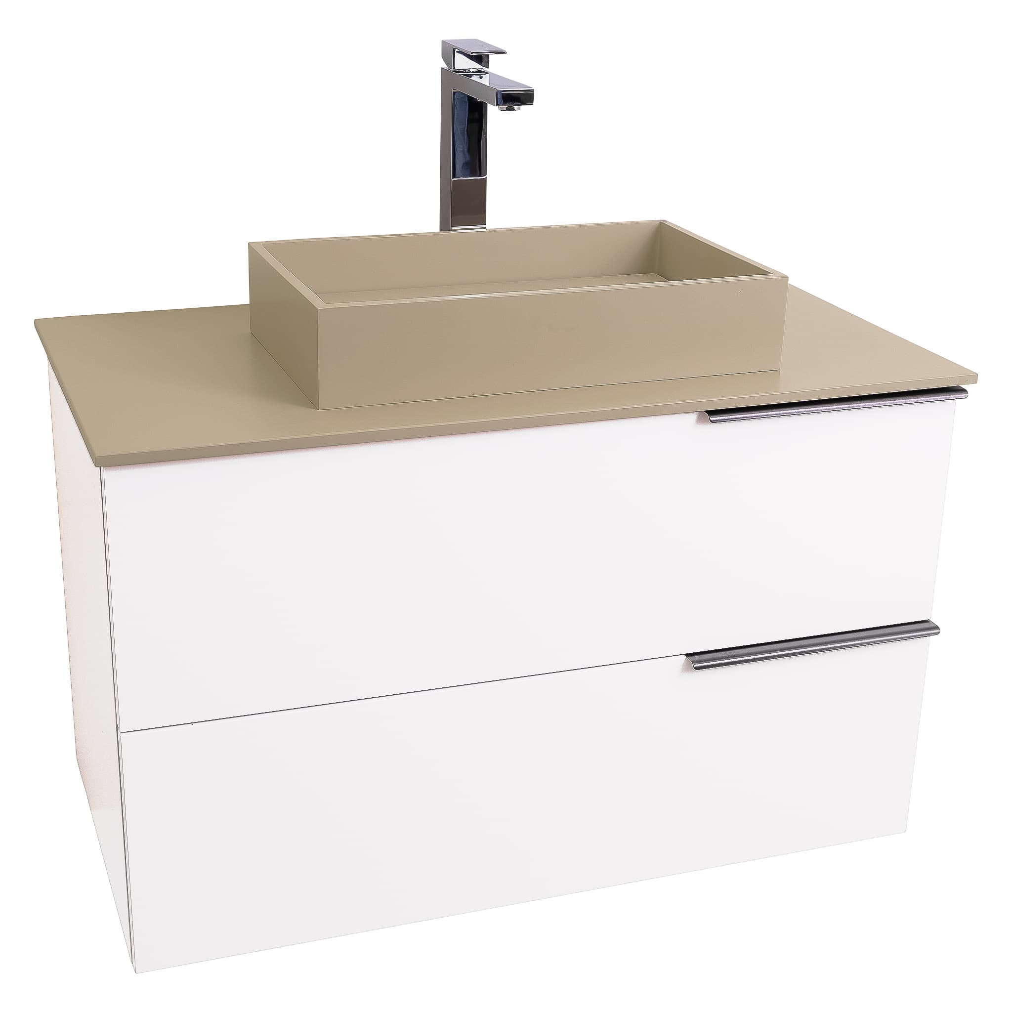 Mallorca 31.5 Matte White Cabinet, Solid Surface Flat Taupe Counter And Infinity Square Solid Surface Taupe Basin 1329, Wall Mounted Modern Vanity Set