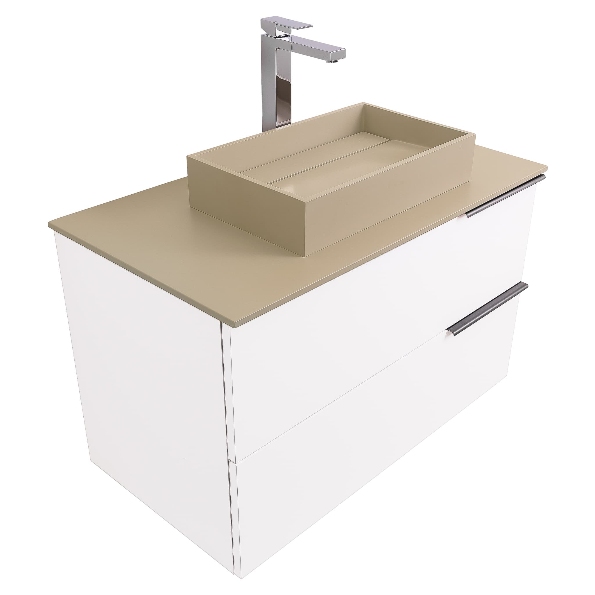 Mallorca 31.5 Matte White Cabinet, Solid Surface Flat Taupe Counter And Infinity Square Solid Surface Taupe Basin 1329, Wall Mounted Modern Vanity Set