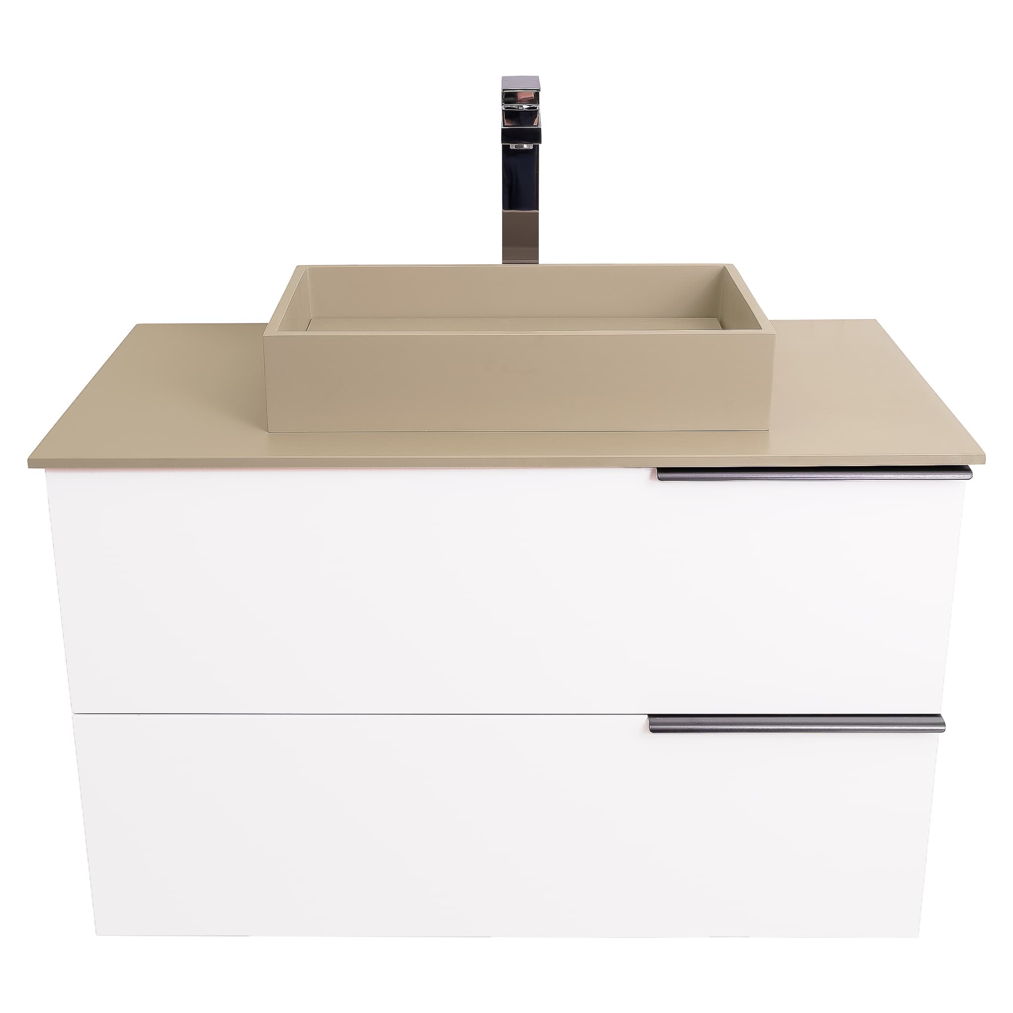 Mallorca 31.5 Matte White Cabinet, Solid Surface Flat Taupe Counter And Infinity Square Solid Surface Taupe Basin 1329, Wall Mounted Modern Vanity Set