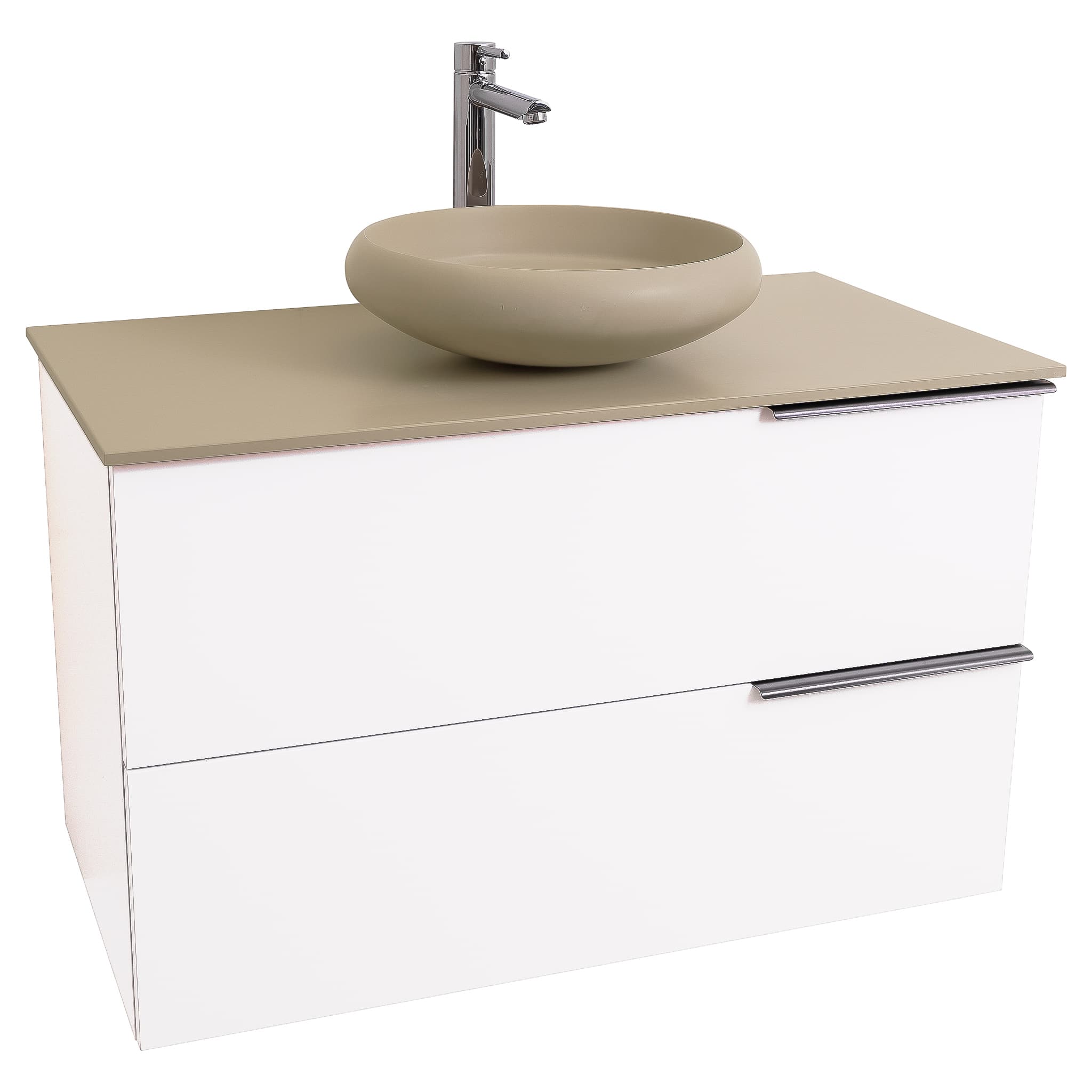 Mallorca 35.5 Matte White Cabinet, Solid Surface Flat Taupe Counter And Round Solid Surface Taupe Basin 1153, Wall Mounted Modern Vanity Set