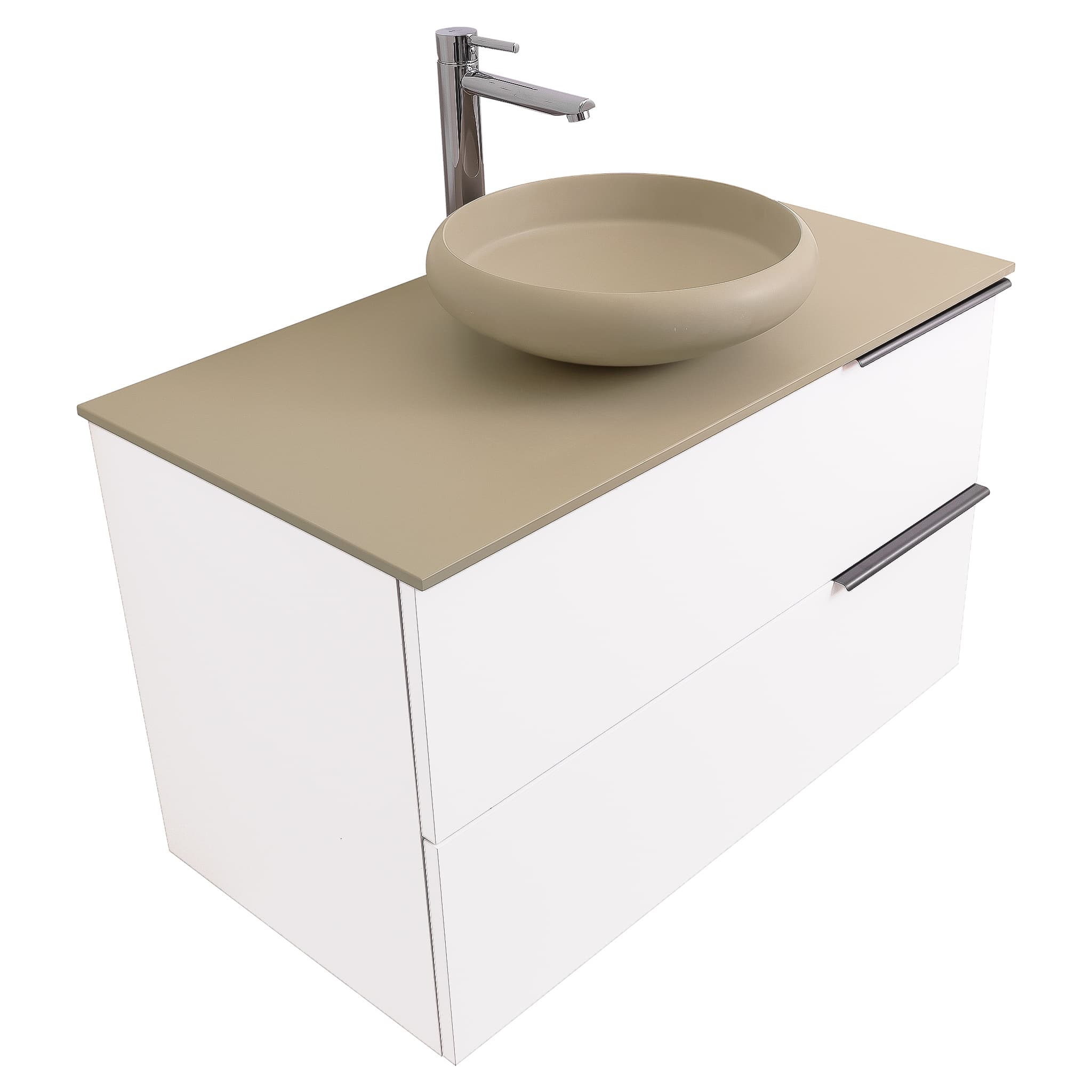 Mallorca 35.5 Matte White Cabinet, Solid Surface Flat Taupe Counter And Round Solid Surface Taupe Basin 1153, Wall Mounted Modern Vanity Set