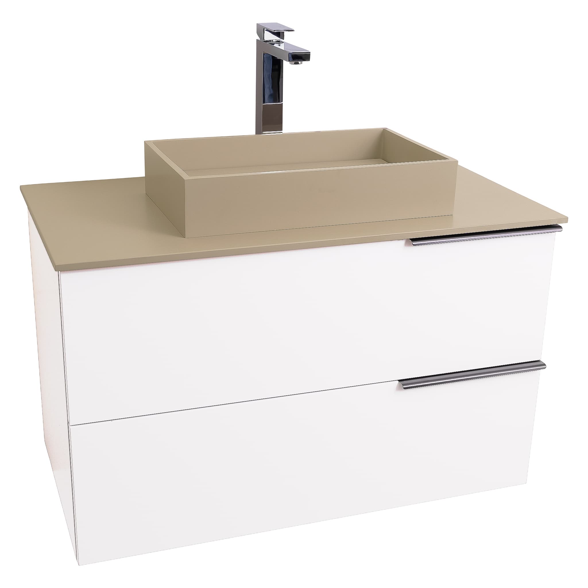 Mallorca 35.5 Matte White Cabinet, Solid Surface Flat Taupe Counter And Infinity Square Solid Surface Taupe Basin 1329, Wall Mounted Modern Vanity Set