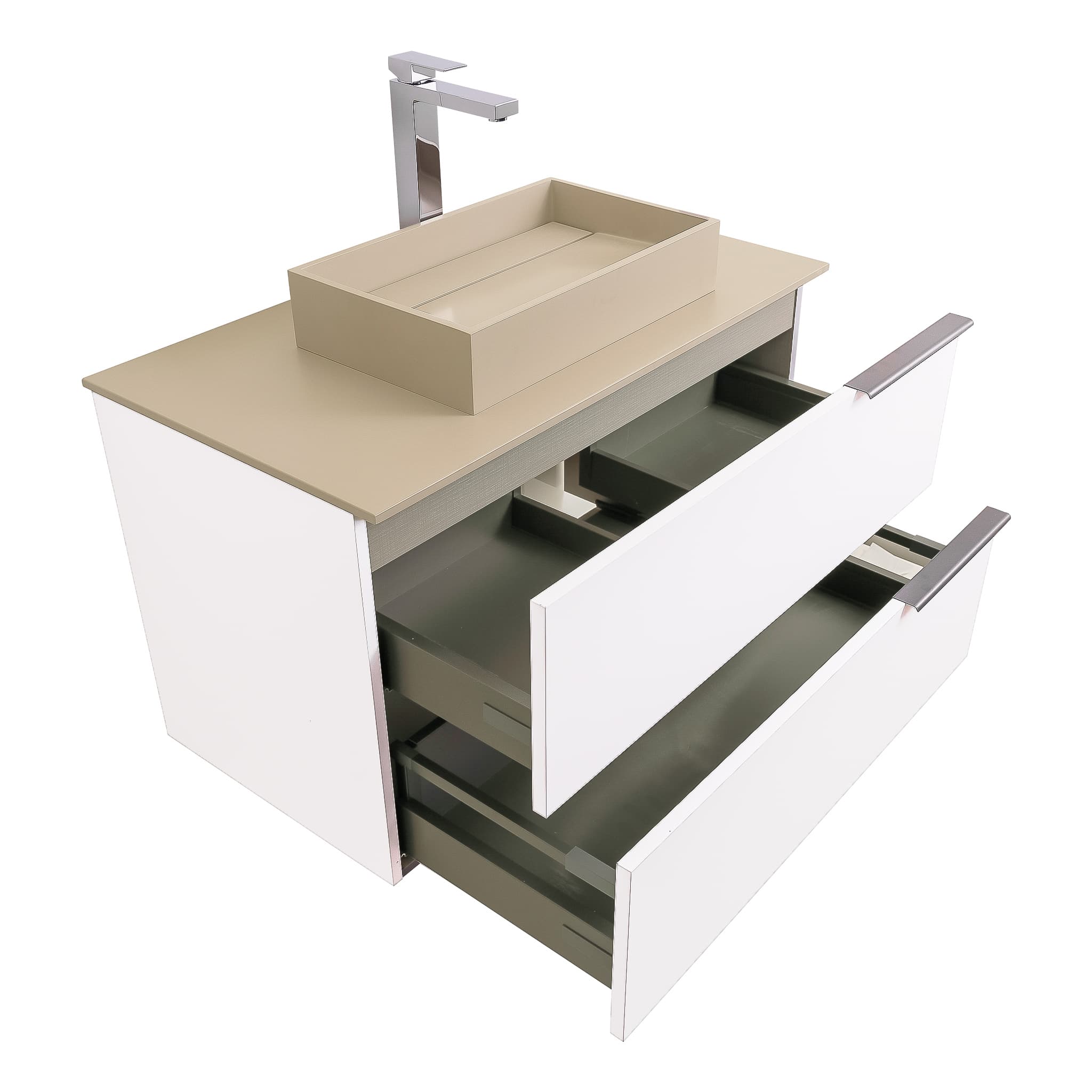 Mallorca 35.5 Matte White Cabinet, Solid Surface Flat Taupe Counter And Infinity Square Solid Surface Taupe Basin 1329, Wall Mounted Modern Vanity Set