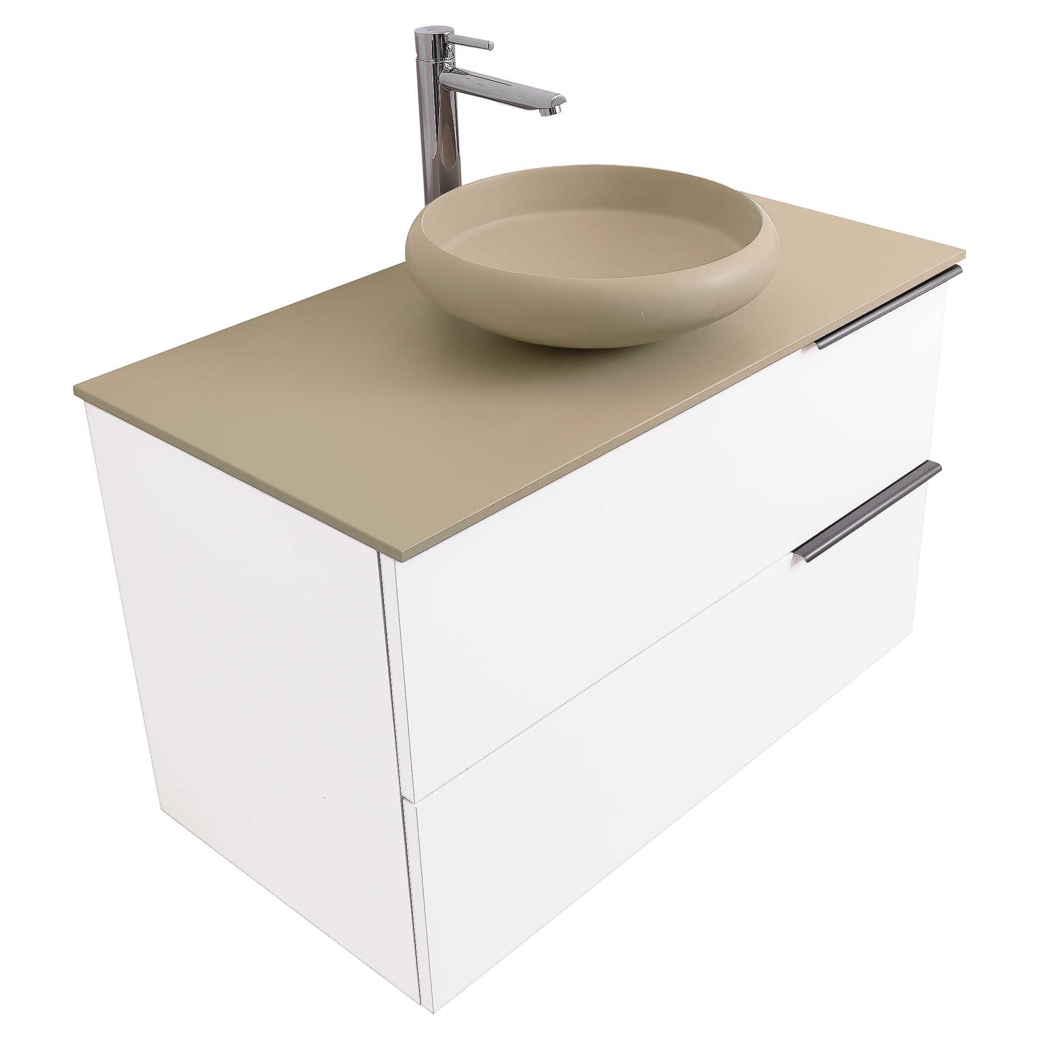 Mallorca 39.5 Matte White Cabinet, Solid Surface Flat Taupe Counter And Round Solid Surface Taupe Basin 1153, Wall Mounted Modern Vanity Set