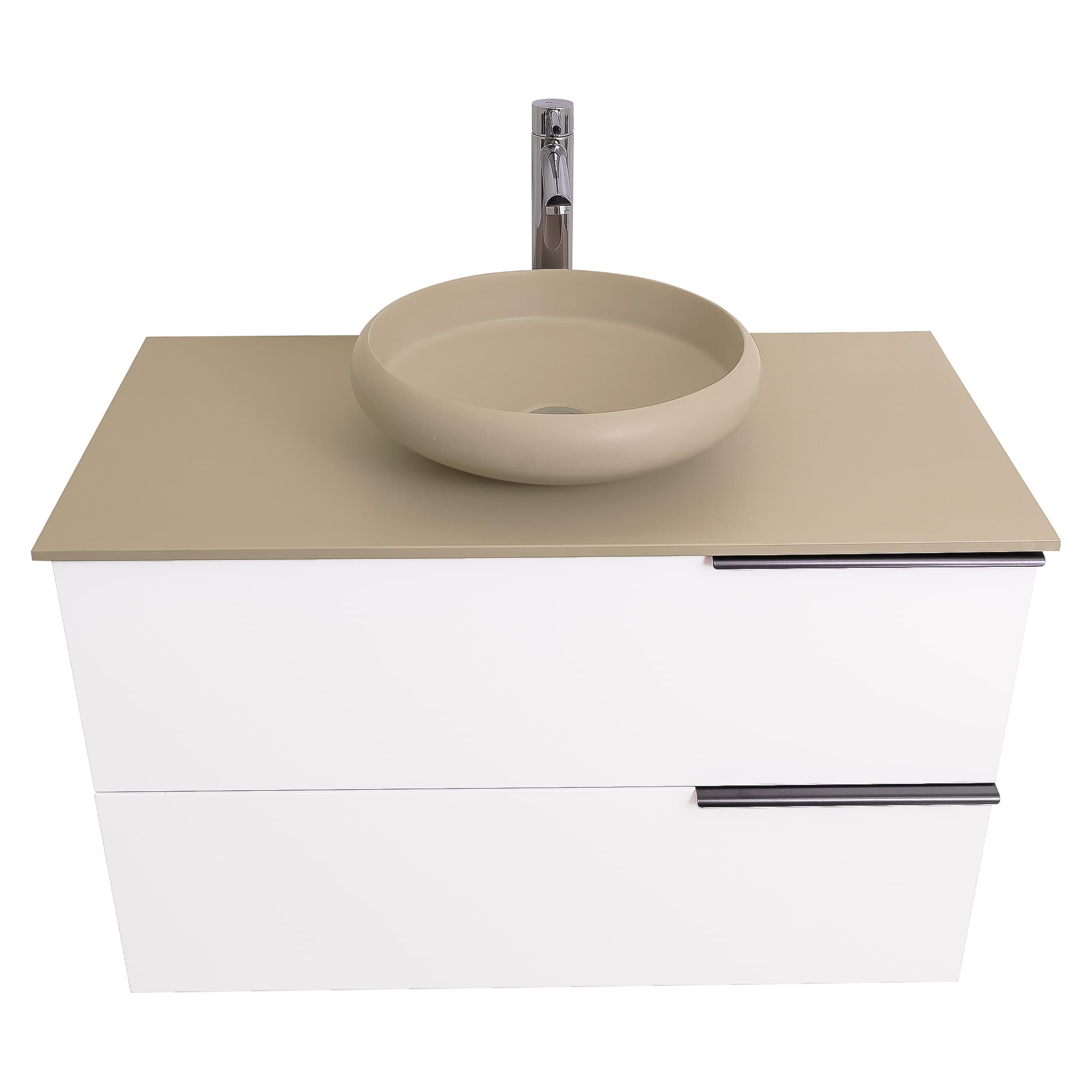 Mallorca 39.5 Matte White Cabinet, Solid Surface Flat Taupe Counter And Round Solid Surface Taupe Basin 1153, Wall Mounted Modern Vanity Set