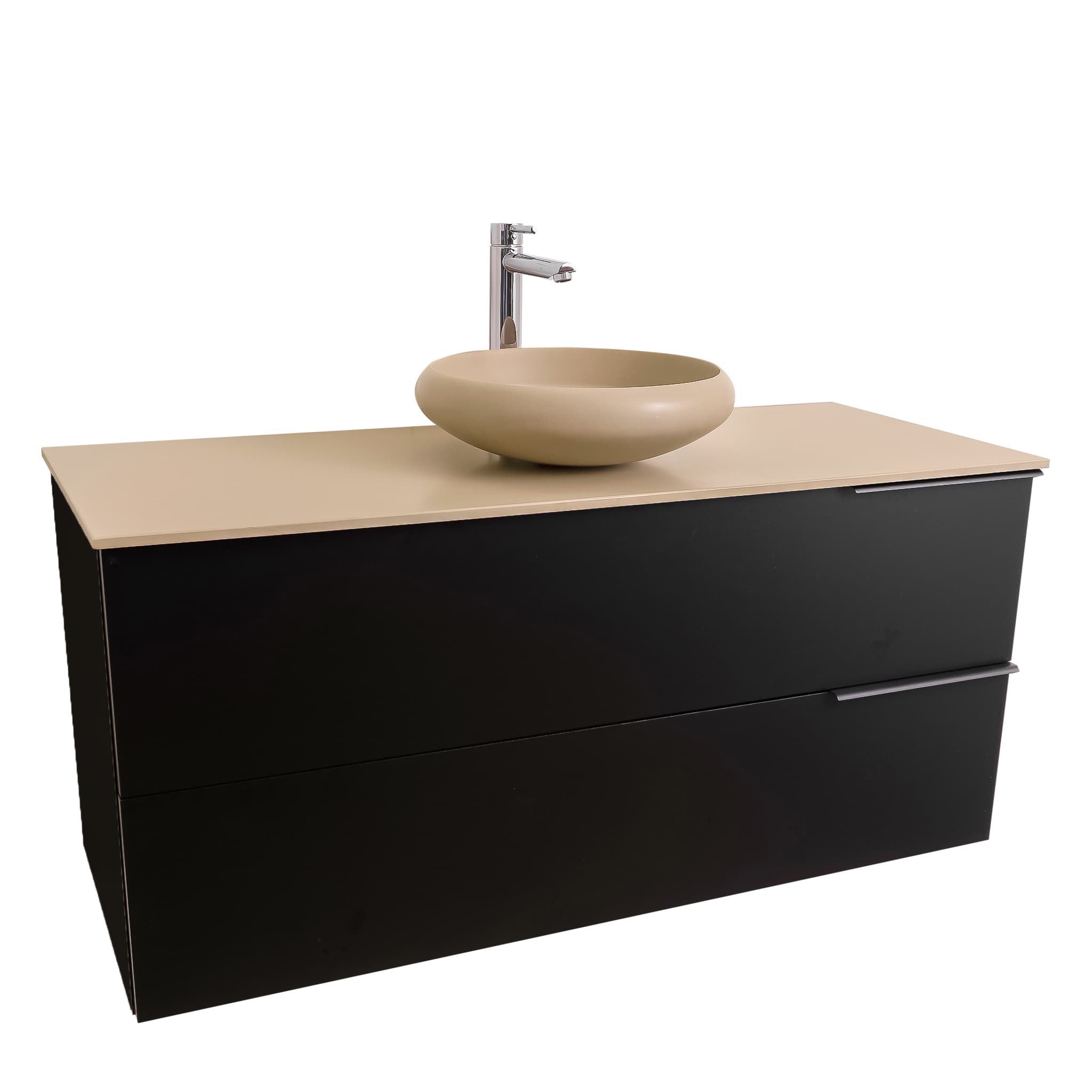 Mallorca 47.5 Matte Black Cabinet, Solid Surface Flat Taupe Counter And Round Solid Surface Taupe Basin 1153, Wall Mounted Modern Vanity Set