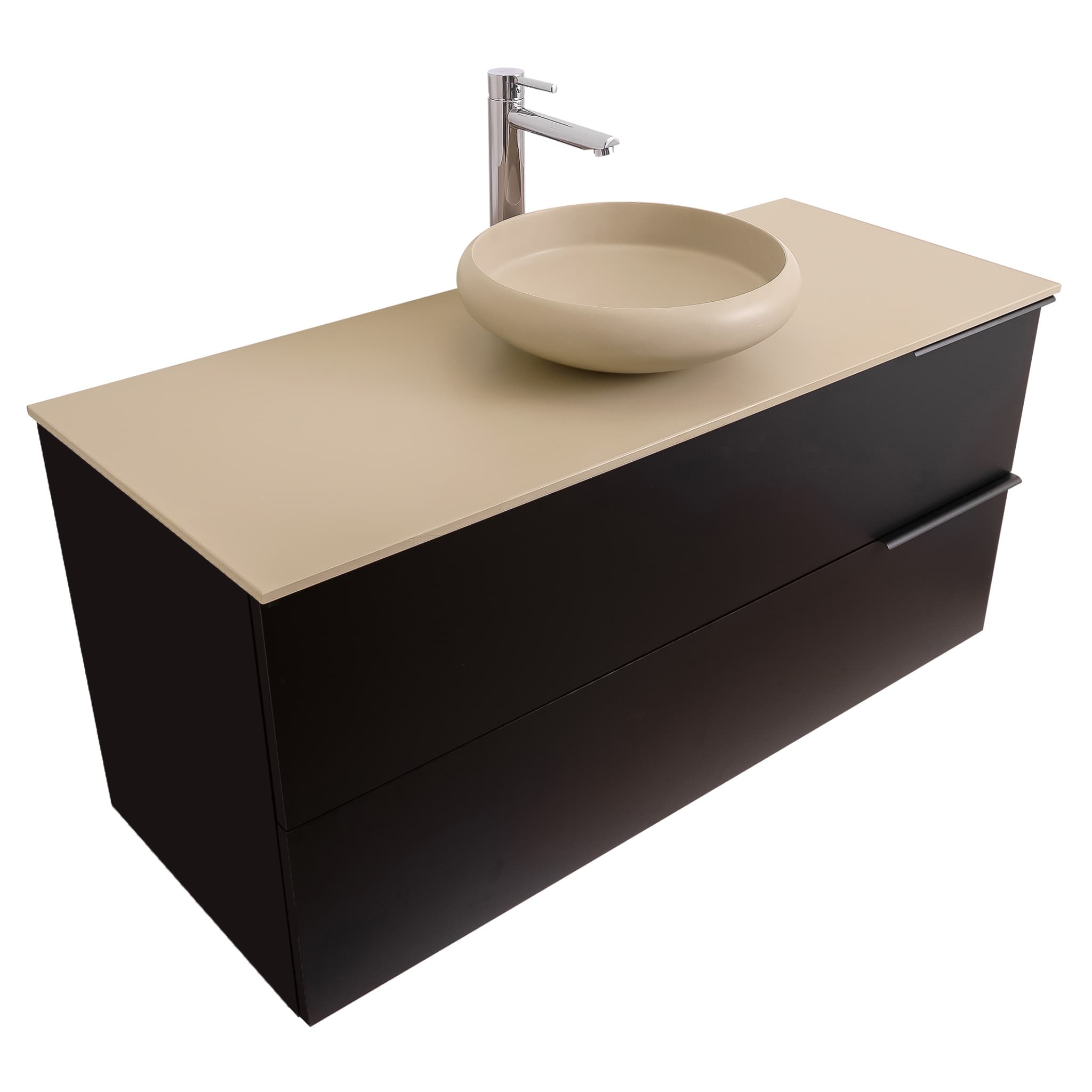 Mallorca 47.5 Matte Black Cabinet, Solid Surface Flat Taupe Counter And Round Solid Surface Taupe Basin 1153, Wall Mounted Modern Vanity Set