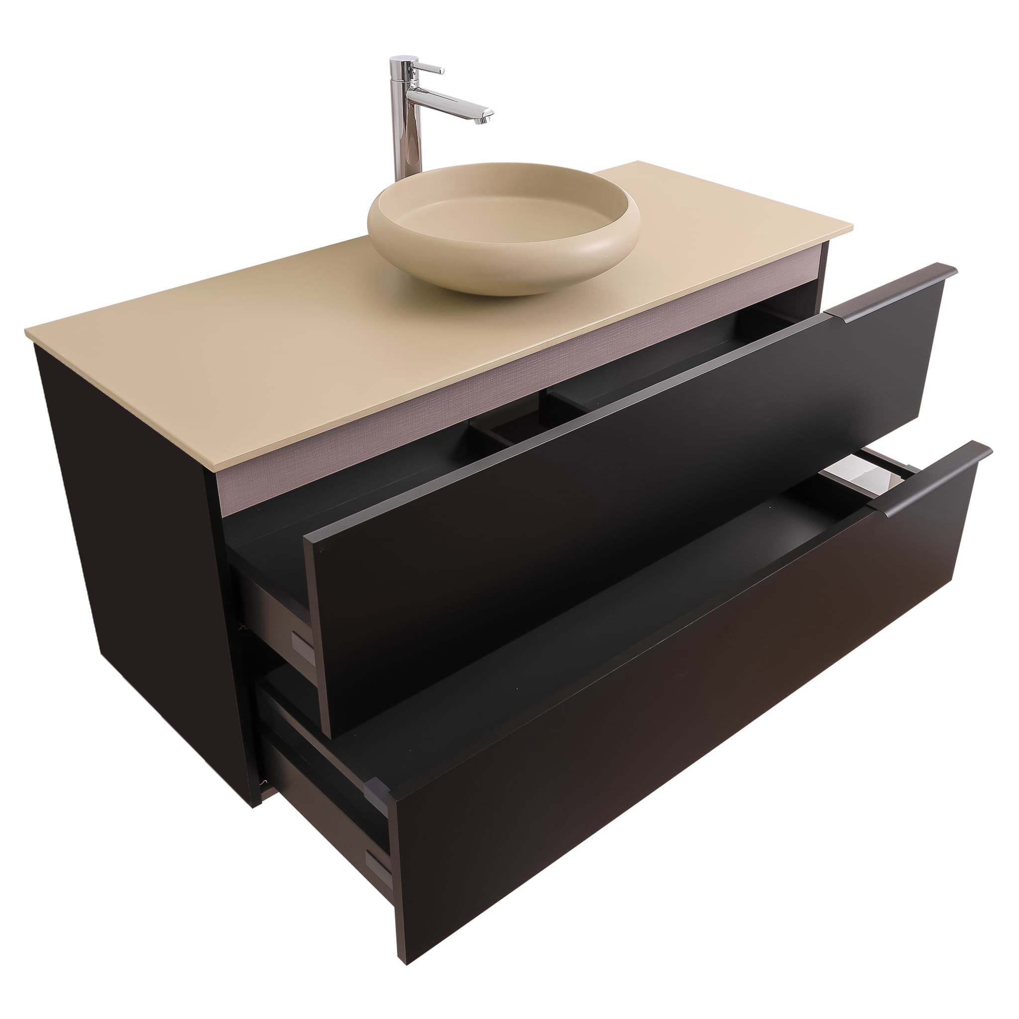 Mallorca 47.5 Matte Black Cabinet, Solid Surface Flat Taupe Counter And Round Solid Surface Taupe Basin 1153, Wall Mounted Modern Vanity Set