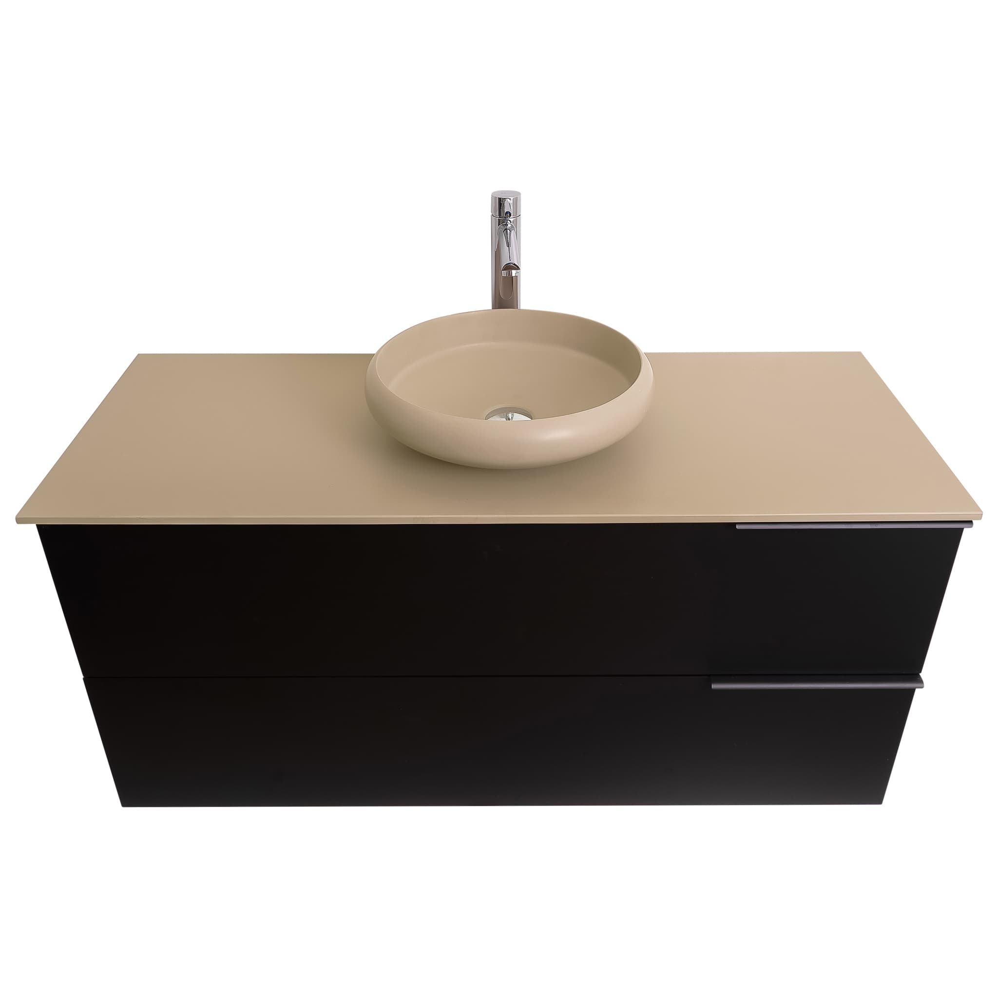 Mallorca 47.5 Matte Black Cabinet, Solid Surface Flat Taupe Counter And Round Solid Surface Taupe Basin 1153, Wall Mounted Modern Vanity Set