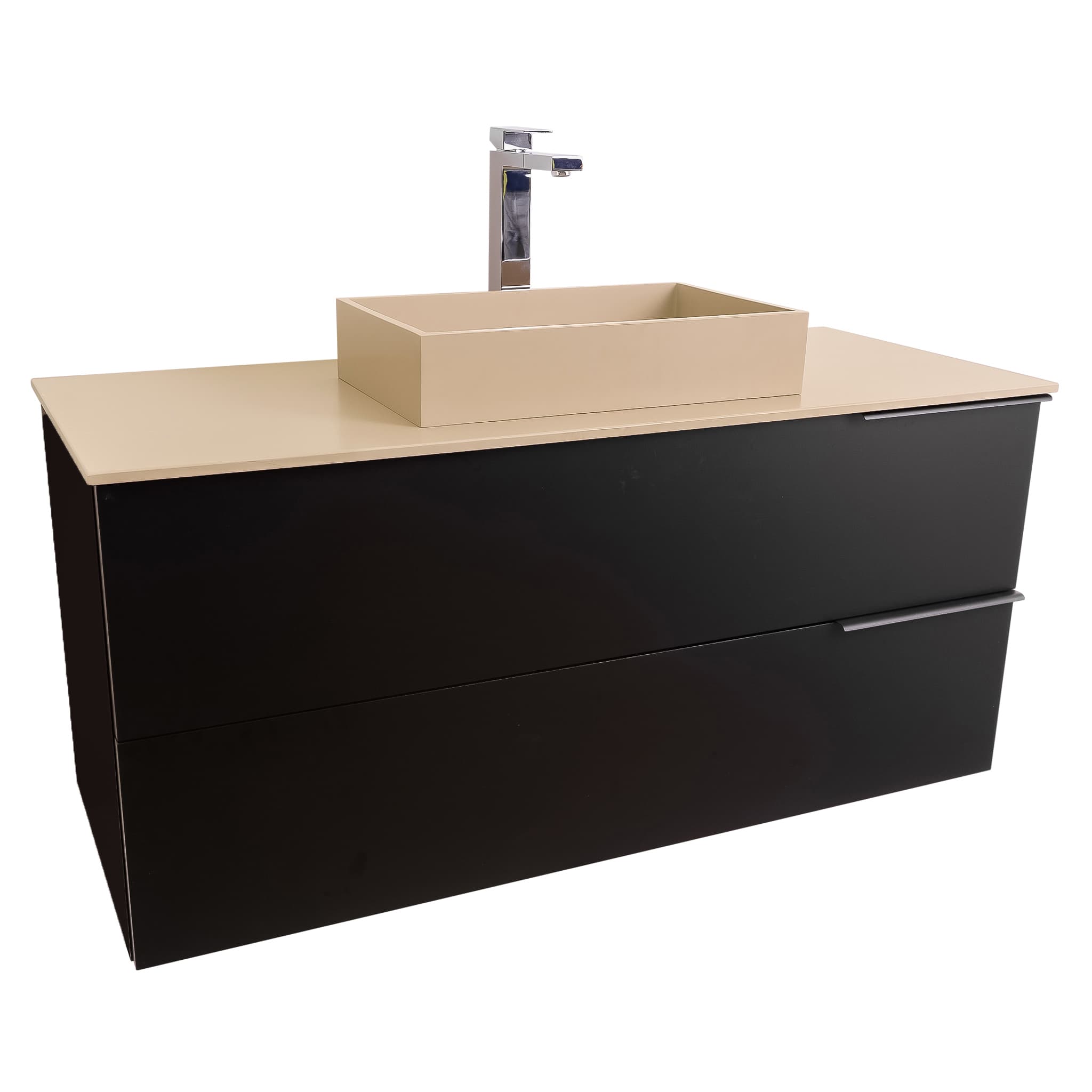 Mallorca 47.5 Matte Black Cabinet, Solid Surface Flat Taupe Counter And Infinity Square Solid Surface Taupe Basin 1329, Wall Mounted Modern Vanity Set