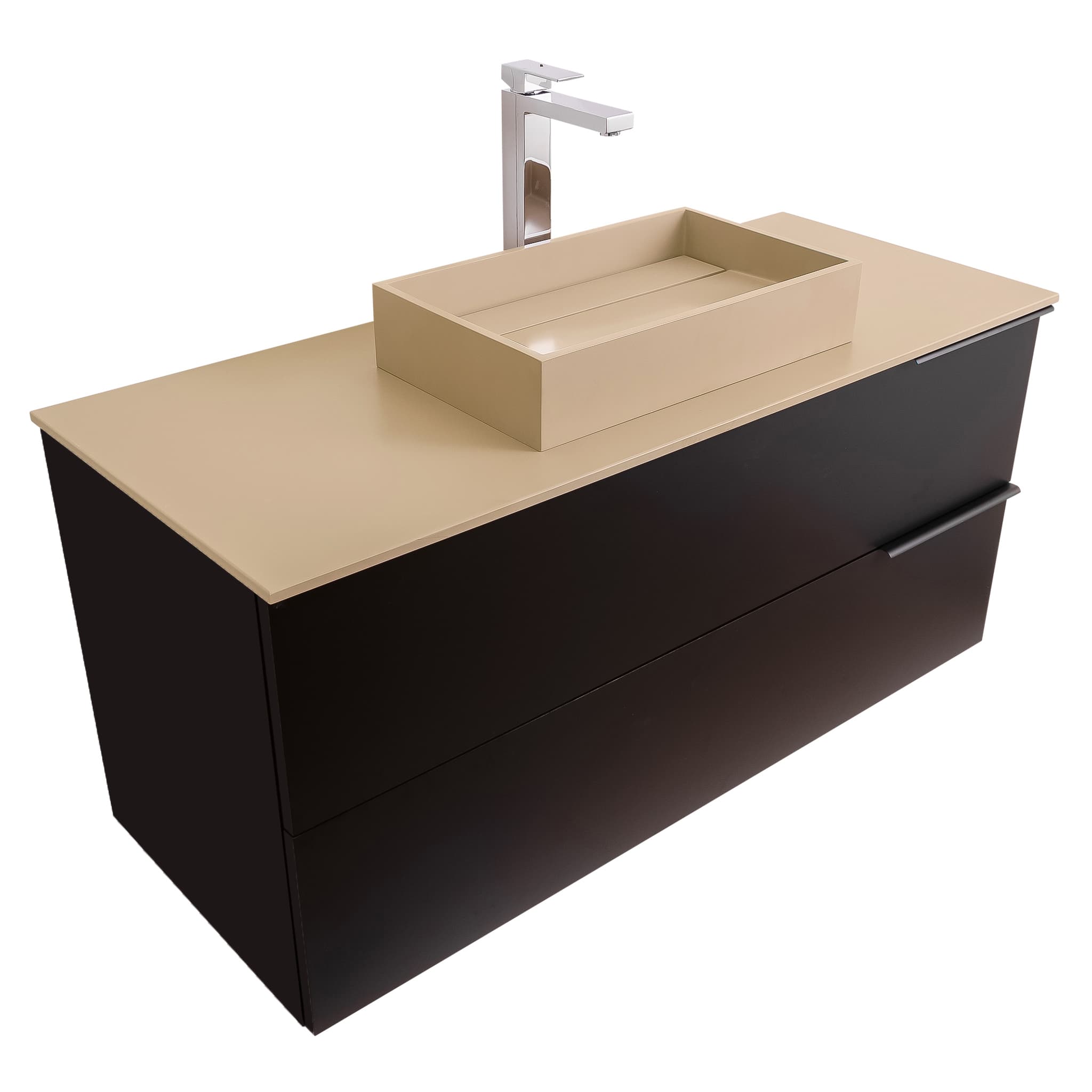 Mallorca 47.5 Matte Black Cabinet, Solid Surface Flat Taupe Counter And Infinity Square Solid Surface Taupe Basin 1329, Wall Mounted Modern Vanity Set