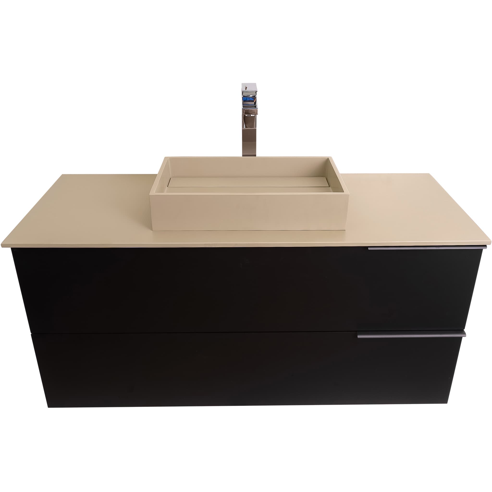Mallorca 47.5 Matte Black Cabinet, Solid Surface Flat Taupe Counter And Infinity Square Solid Surface Taupe Basin 1329, Wall Mounted Modern Vanity Set