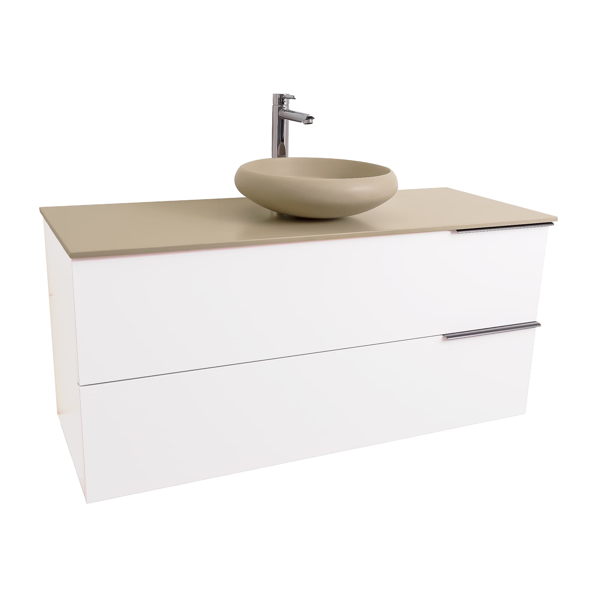 Mallorca 47.5 Matte White Cabinet, Solid Surface Flat Taupe Counter And Round Solid Surface Taupe Basin 1153, Wall Mounted Modern Vanity Set