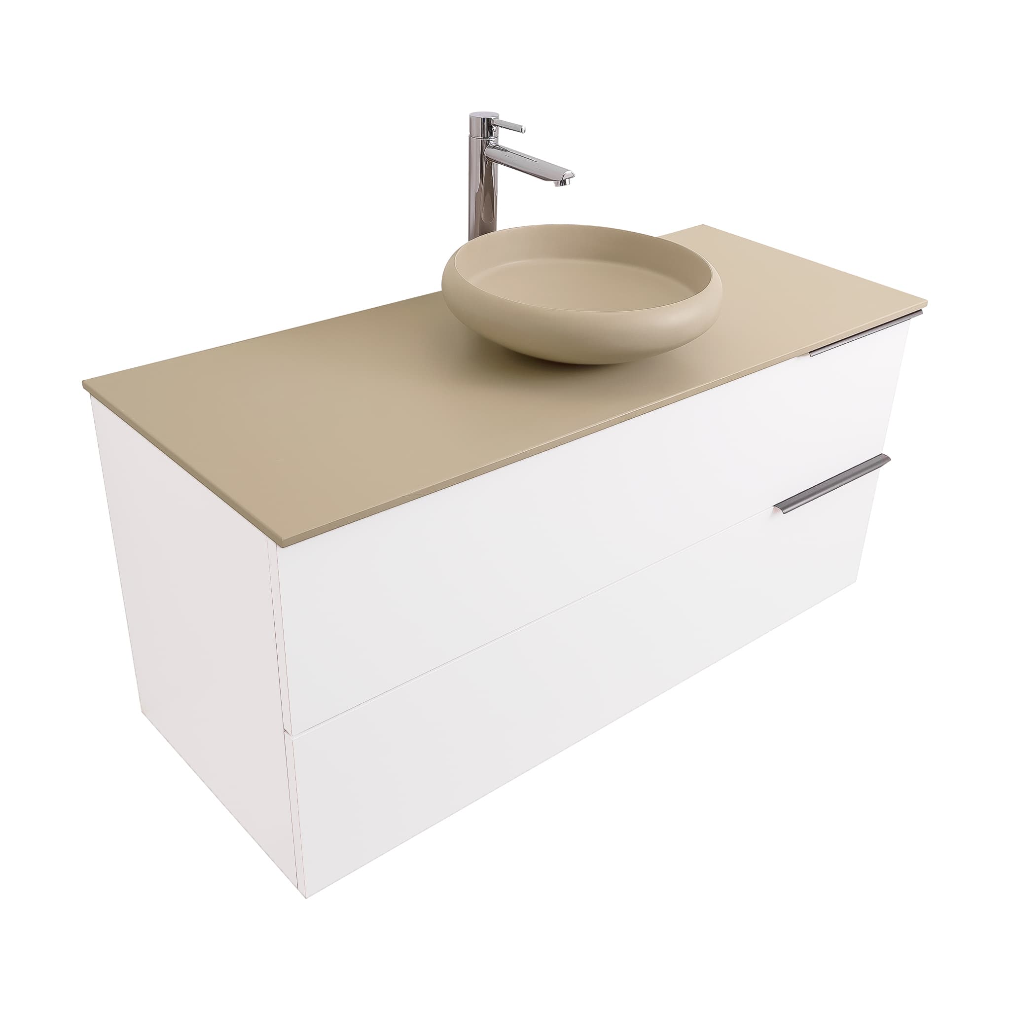 Mallorca 47.5 Matte White Cabinet, Solid Surface Flat Taupe Counter And Round Solid Surface Taupe Basin 1153, Wall Mounted Modern Vanity Set