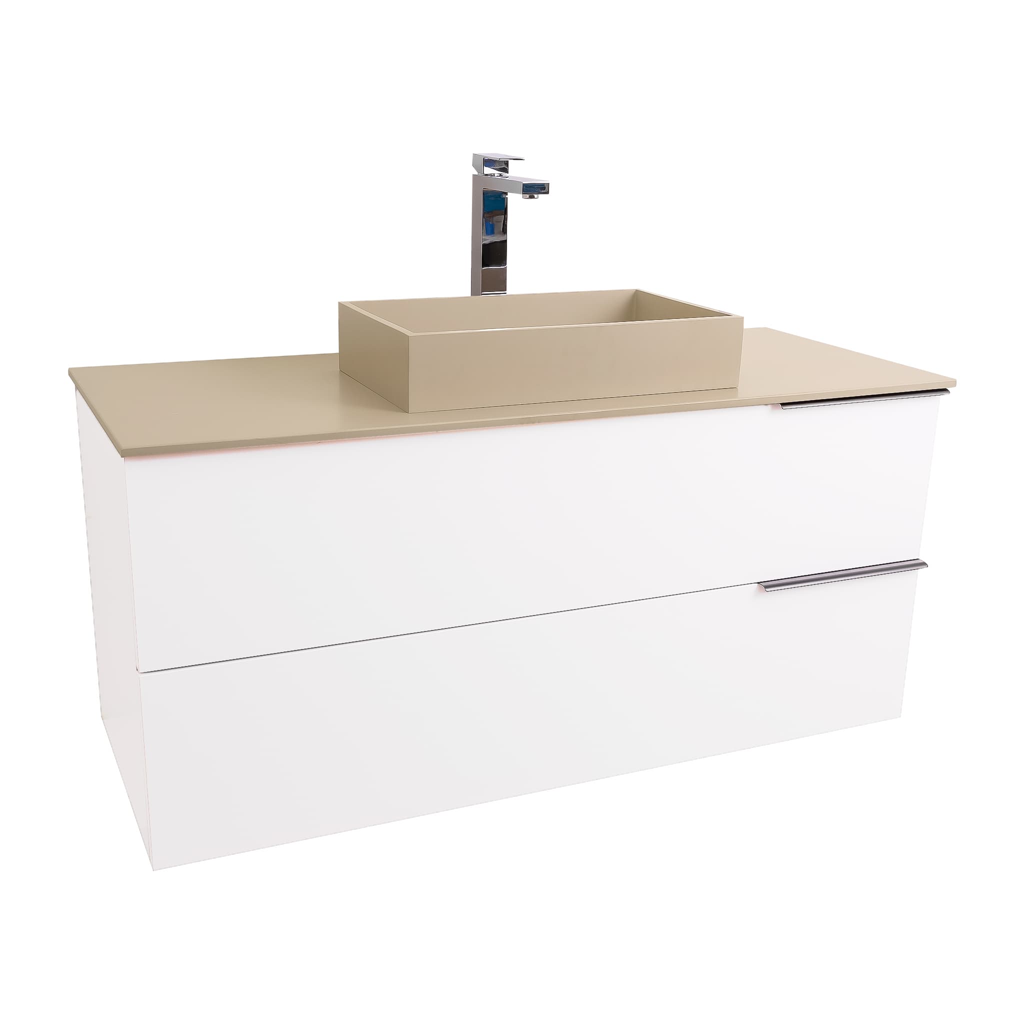 Mallorca 47.5 Matte White Cabinet, Solid Surface Flat Taupe Counter And Infinity Square Solid Surface Taupe Basin 1329, Wall Mounted Modern Vanity Set