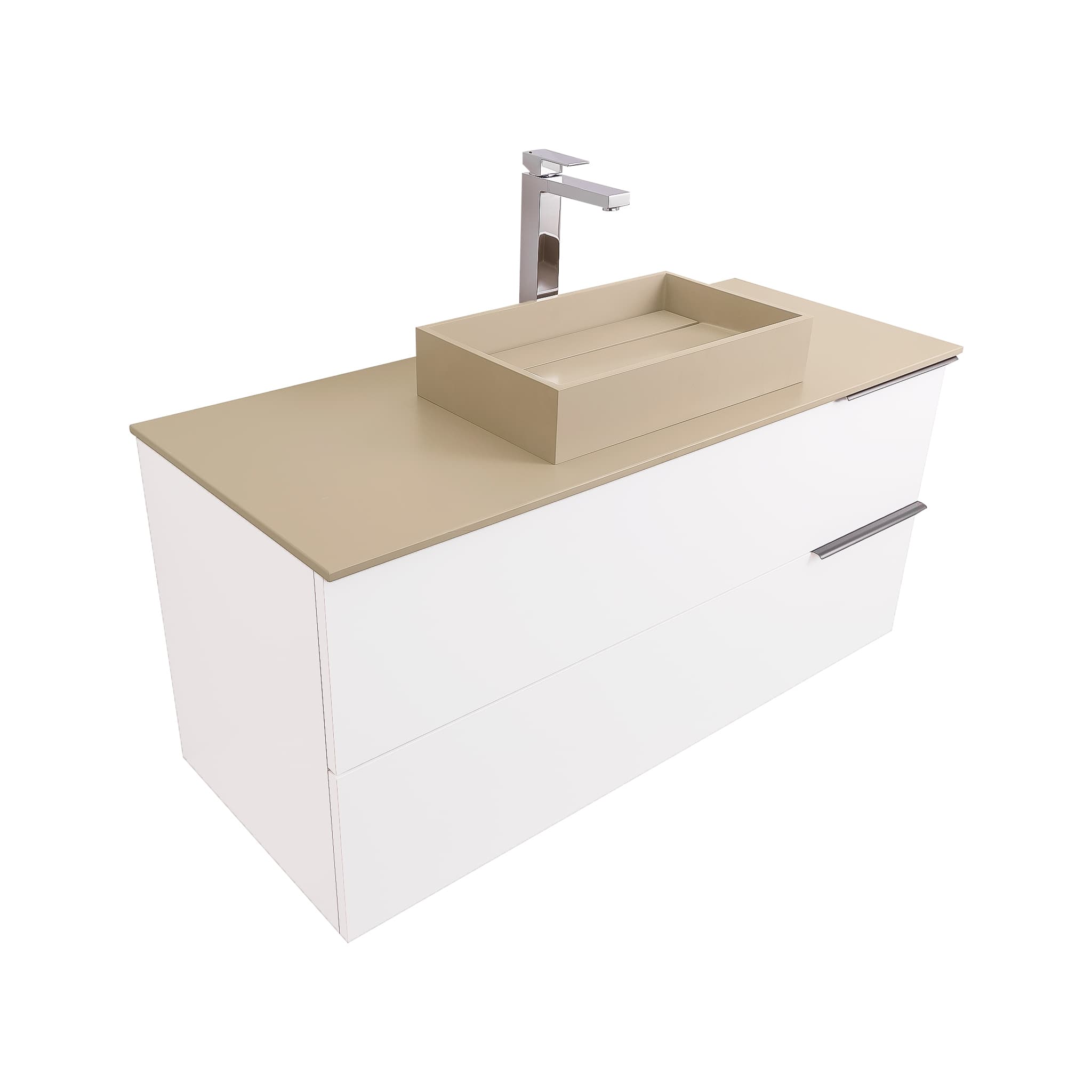 Mallorca 47.5 Matte White Cabinet, Solid Surface Flat Taupe Counter And Infinity Square Solid Surface Taupe Basin 1329, Wall Mounted Modern Vanity Set