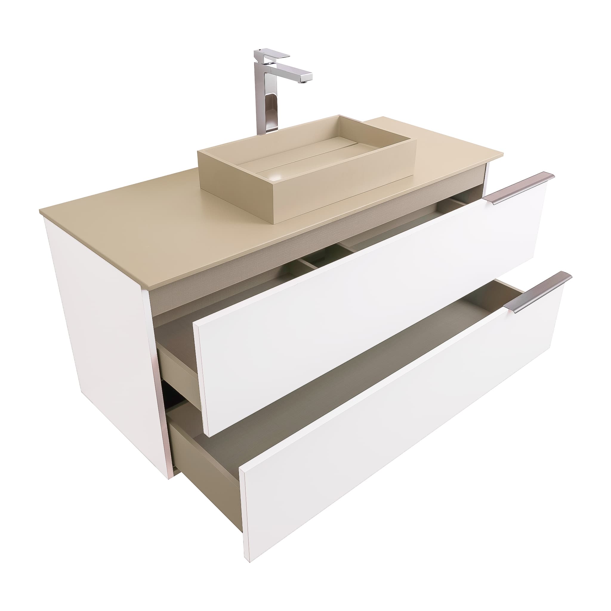 Mallorca 47.5 Matte White Cabinet, Solid Surface Flat Taupe Counter And Infinity Square Solid Surface Taupe Basin 1329, Wall Mounted Modern Vanity Set