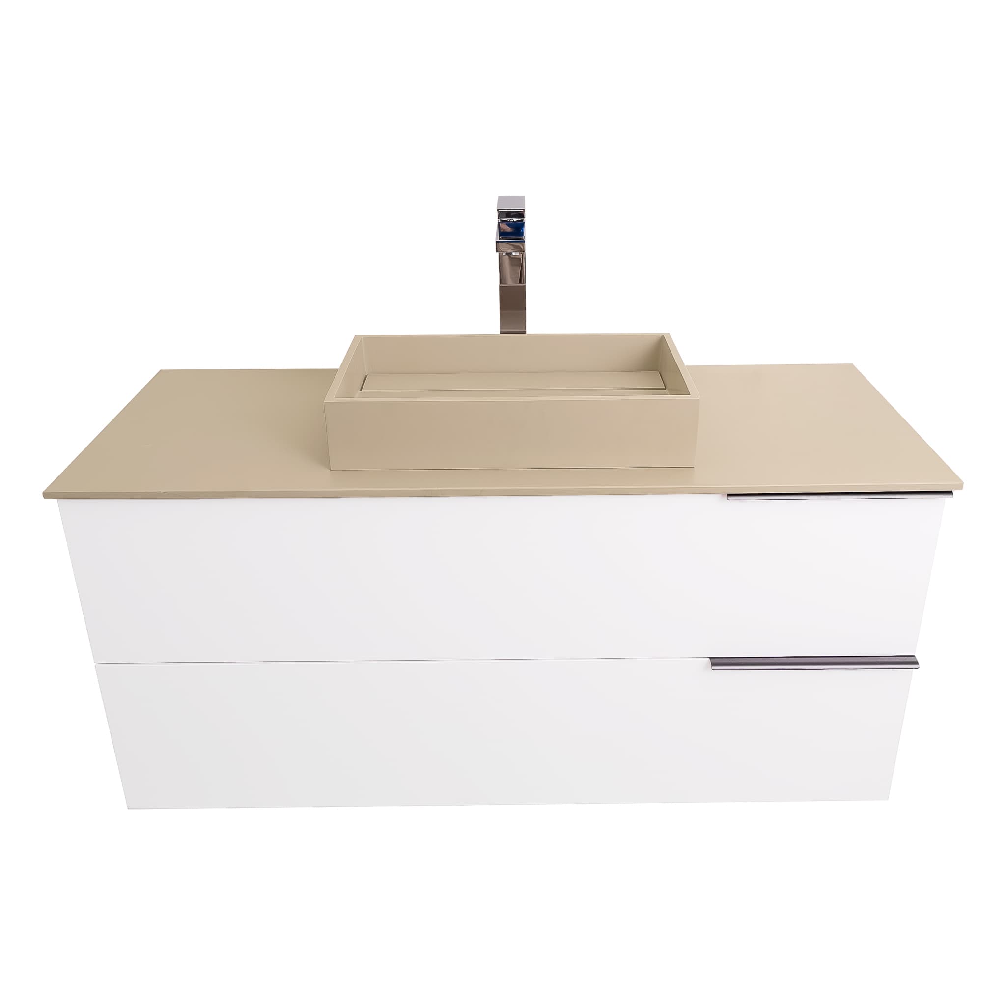 Mallorca 47.5 Matte White Cabinet, Solid Surface Flat Taupe Counter And Infinity Square Solid Surface Taupe Basin 1329, Wall Mounted Modern Vanity Set