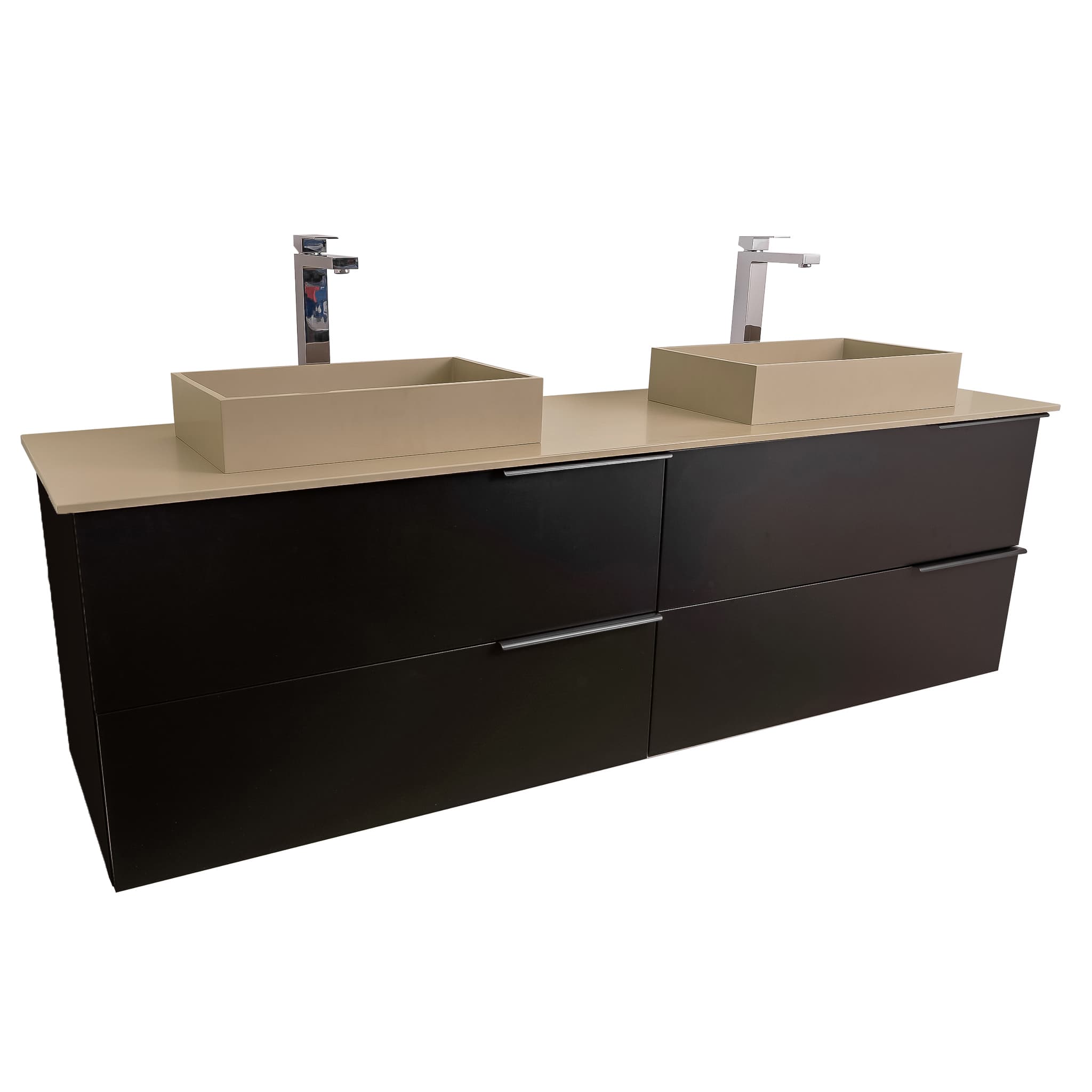 Mallorca 63 Matte Black Cabinet, Solid Surface Flat Taupe Counter And Two Infinity Square Solid Surface Taupe Basin 1329, Wall Mounted Modern Vanity Set