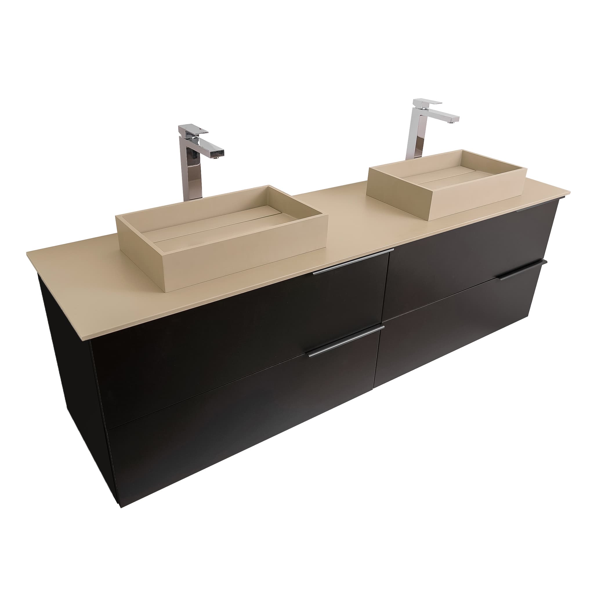 Mallorca 63 Matte Black Cabinet, Solid Surface Flat Taupe Counter And Two Infinity Square Solid Surface Taupe Basin 1329, Wall Mounted Modern Vanity Set