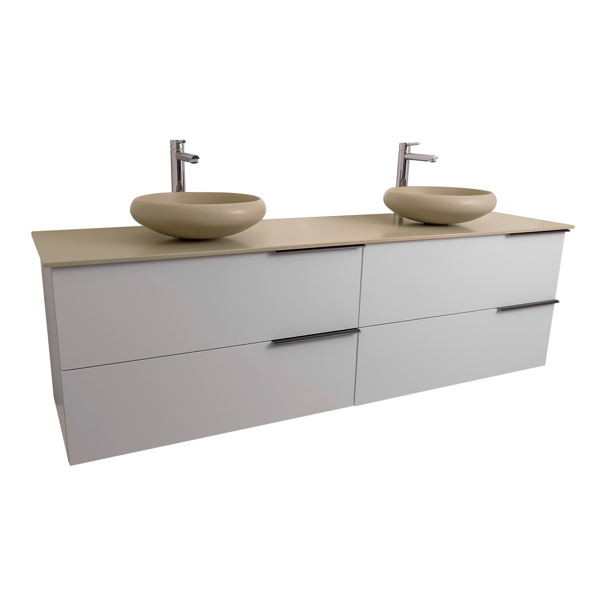 Mallorca 63 Matte White Cabinet, Solid Surface Flat Taupe Counter And Two Round Solid Surface Taupe Basin 1153, Wall Mounted Modern Vanity Set