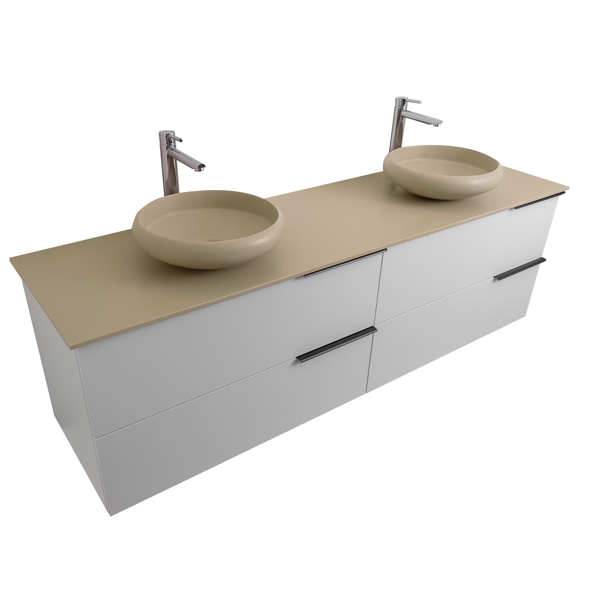 Mallorca 63 Matte White Cabinet, Solid Surface Flat Taupe Counter And Two Round Solid Surface Taupe Basin 1153, Wall Mounted Modern Vanity Set