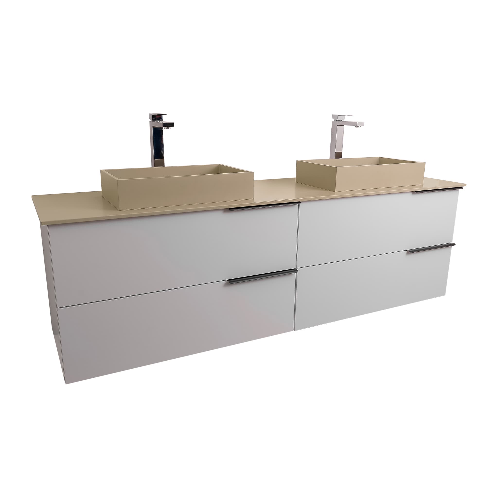 Mallorca 63 Matte White Cabinet, Solid Surface Flat Taupe Counter And Two Infinity Square Solid Surface Taupe Basin 1329, Wall Mounted Modern Vanity Set