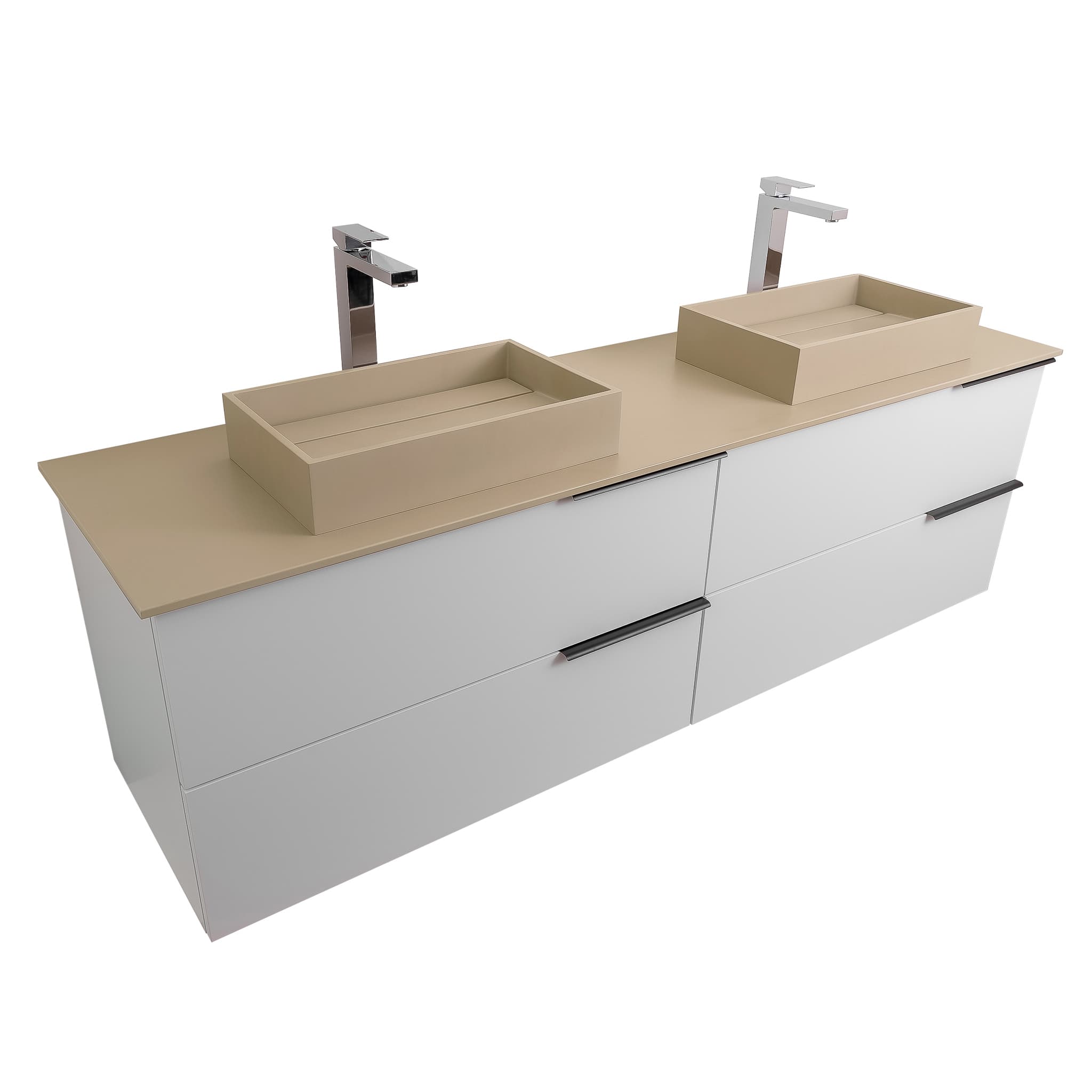 Mallorca 63 Matte White Cabinet, Solid Surface Flat Taupe Counter And Two Infinity Square Solid Surface Taupe Basin 1329, Wall Mounted Modern Vanity Set