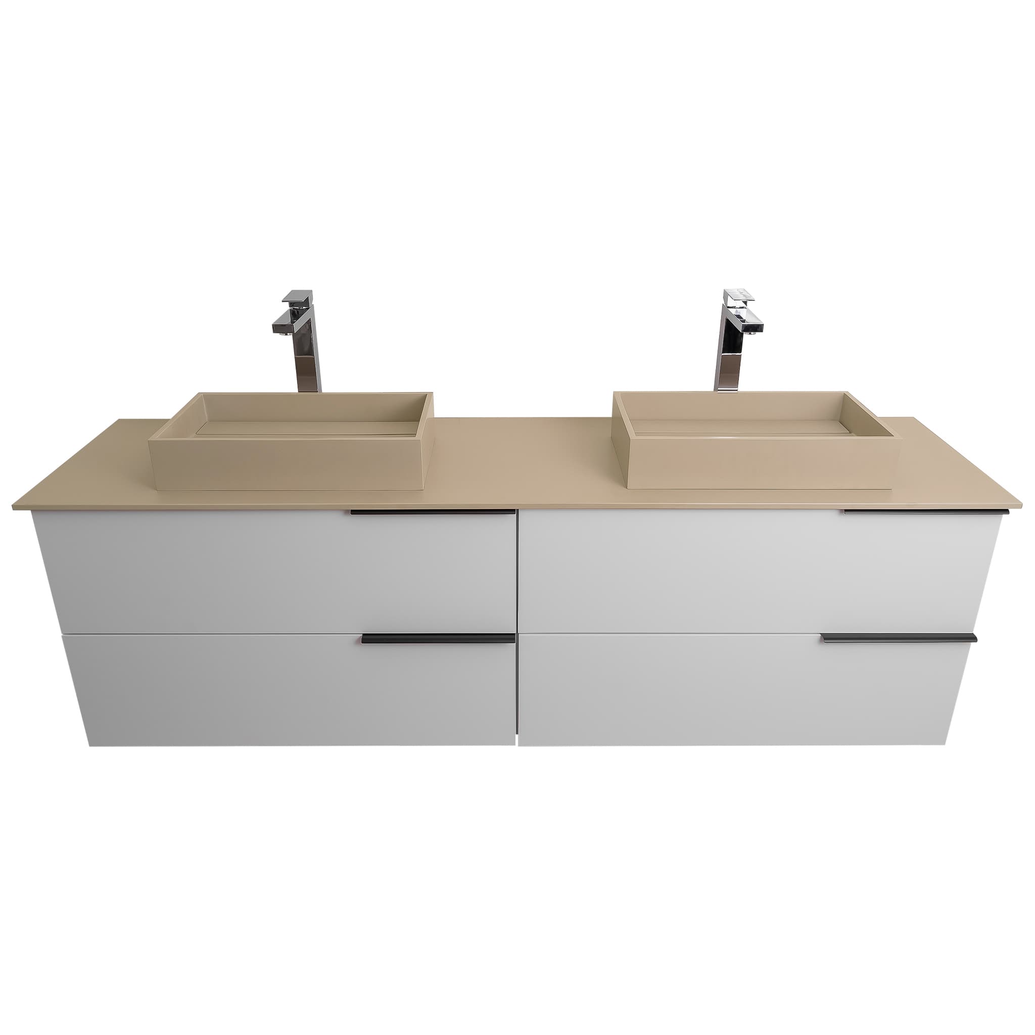 Mallorca 63 Matte White Cabinet, Solid Surface Flat Taupe Counter And Two Infinity Square Solid Surface Taupe Basin 1329, Wall Mounted Modern Vanity Set