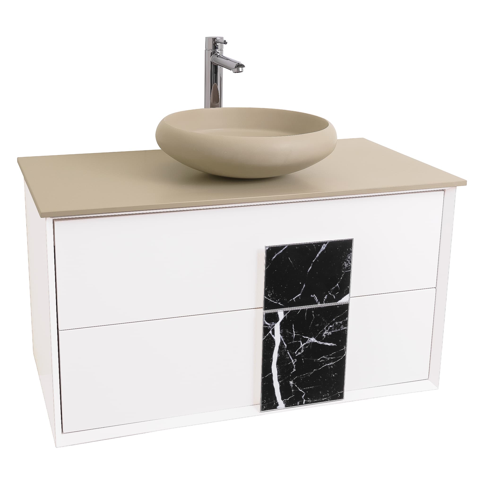 Piazza 31.5 Matte White With Black Marble Handle Cabinet, Solid Surface Flat Taupe Counter and Round Solid Surface Taupe Basin 1153, Wall Mounted Modern Vanity Set