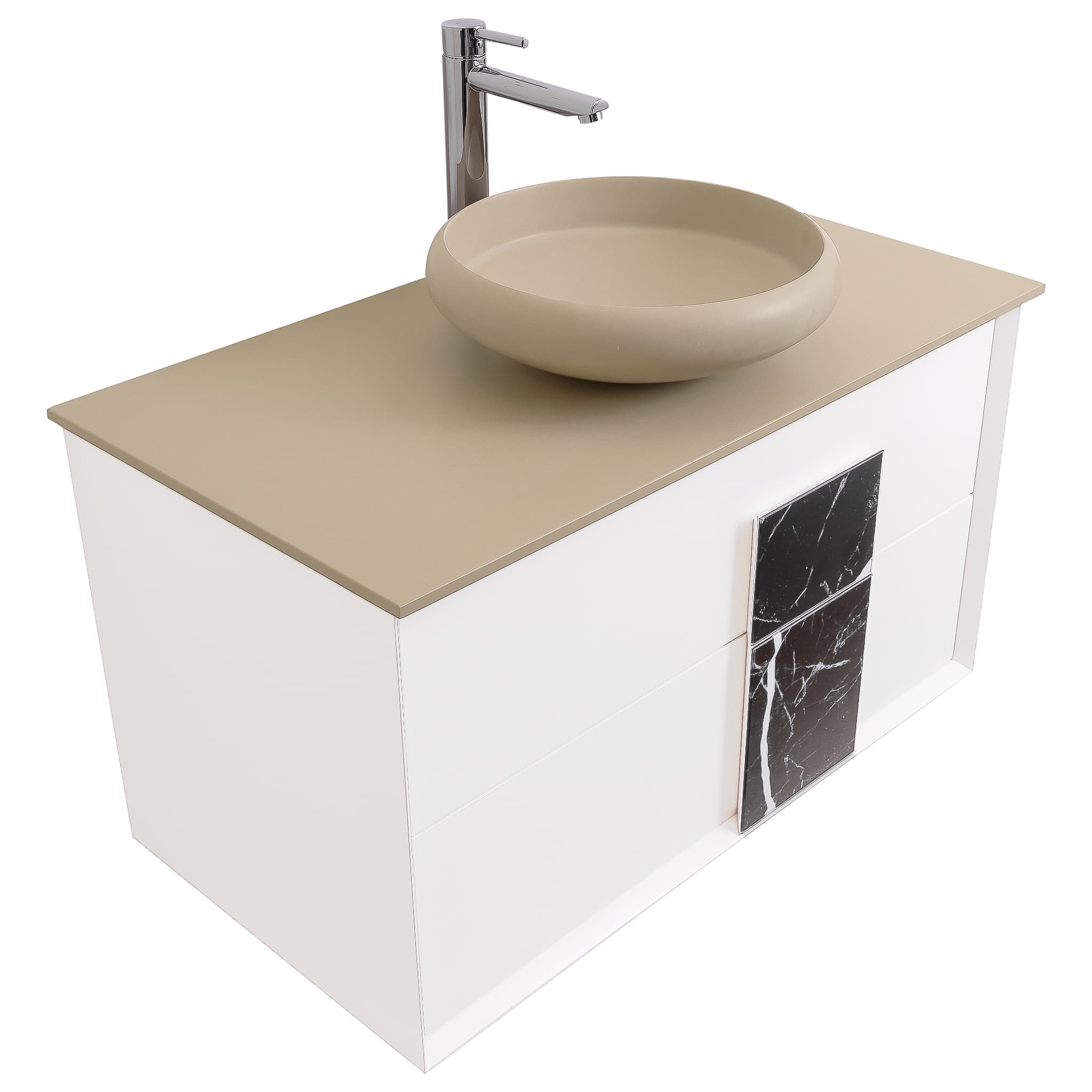 Piazza 31.5 Matte White With Black Marble Handle Cabinet, Solid Surface Flat Taupe Counter and Round Solid Surface Taupe Basin 1153, Wall Mounted Modern Vanity Set