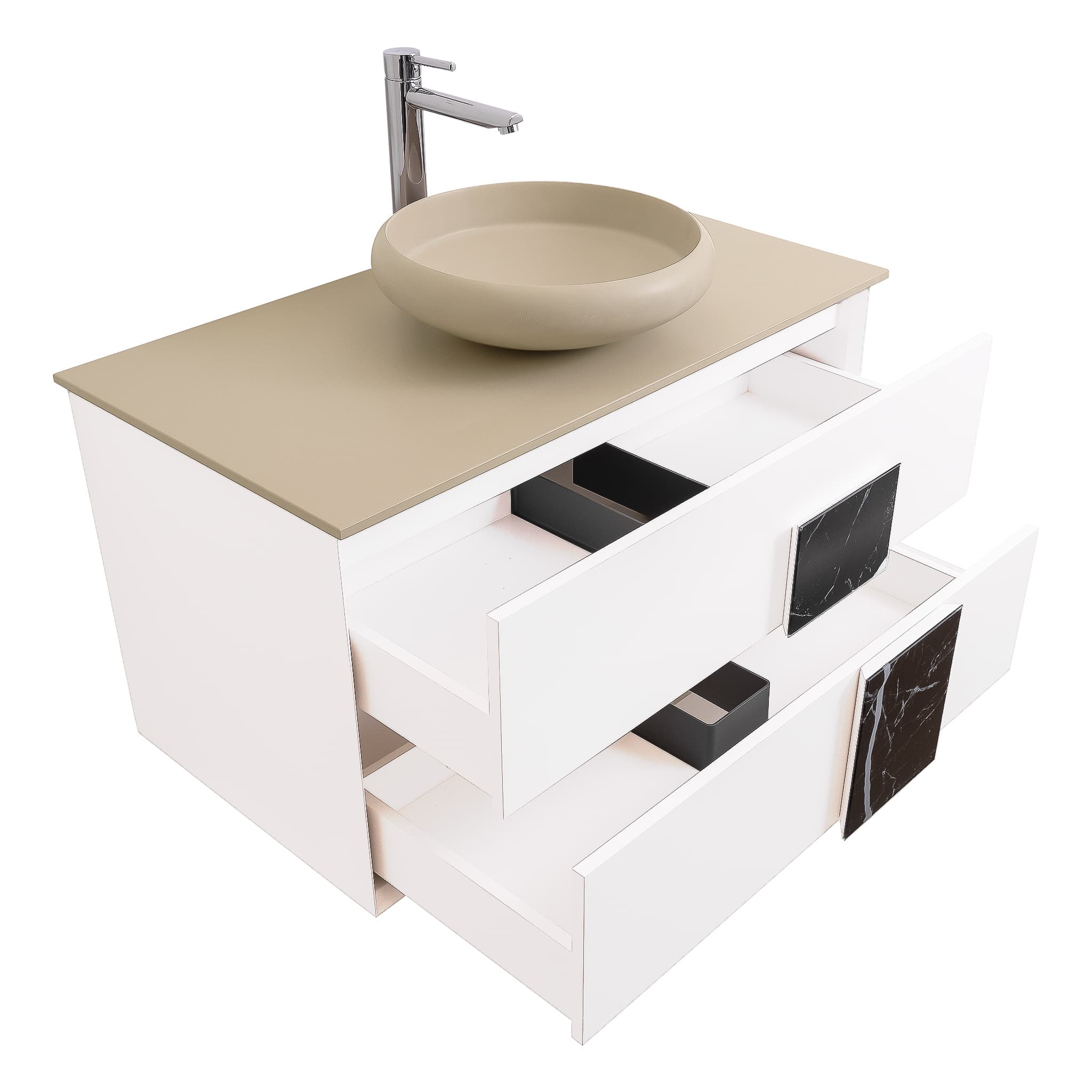 Piazza 31.5 Matte White With Black Marble Handle Cabinet, Solid Surface Flat Taupe Counter and Round Solid Surface Taupe Basin 1153, Wall Mounted Modern Vanity Set