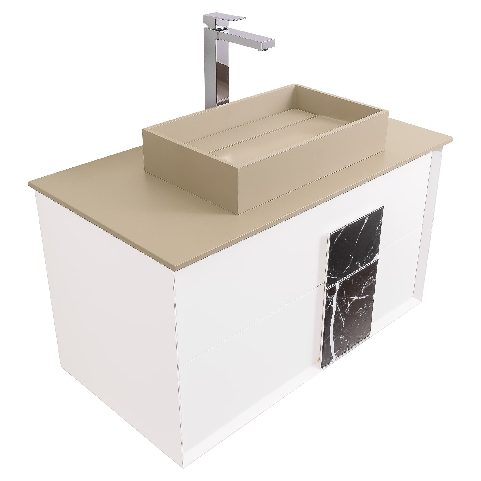 Piazza 31.5 Matte White With Black Marble Handle Cabinet, Solid Surface Flat Taupe Counter and Infinity Square Solid Surface Taupe Basin 1329, Wall Mounted Modern Vanity Set