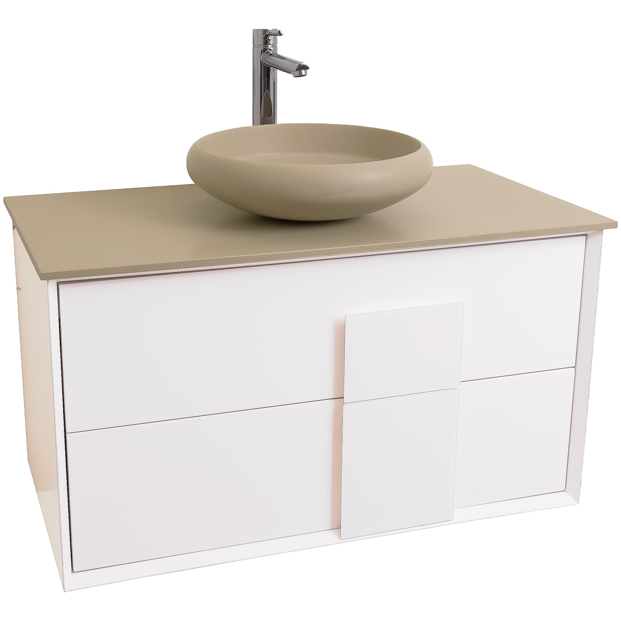 Piazza 31.5 Matte White With White Handle Cabinet, Solid Surface Flat Taupe Counter and Round Solid Surface Taupe Basin 1153, Wall Mounted Modern Vanity Set