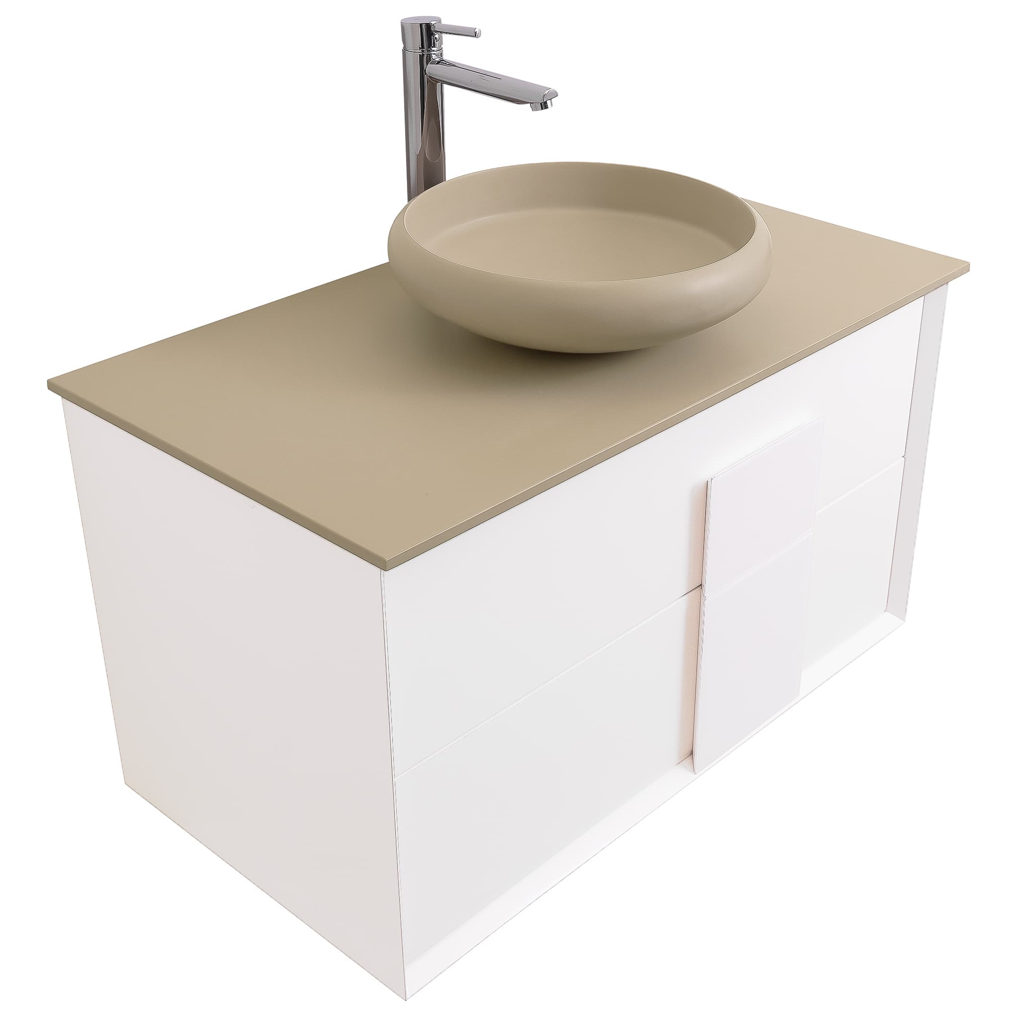 Piazza 31.5 Matte White With White Handle Cabinet, Solid Surface Flat Taupe Counter and Round Solid Surface Taupe Basin 1153, Wall Mounted Modern Vanity Set