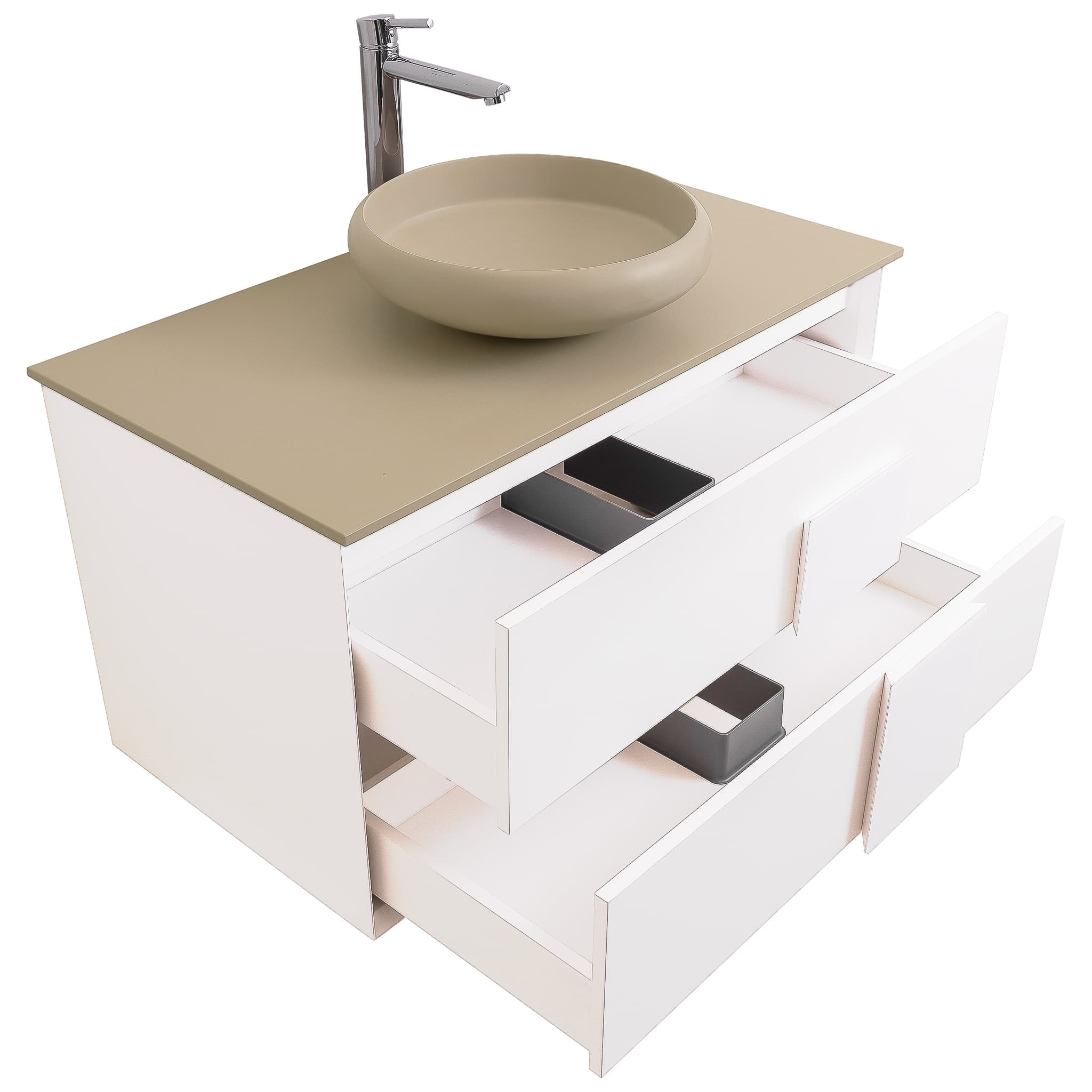 Piazza 31.5 Matte White With White Handle Cabinet, Solid Surface Flat Taupe Counter and Round Solid Surface Taupe Basin 1153, Wall Mounted Modern Vanity Set