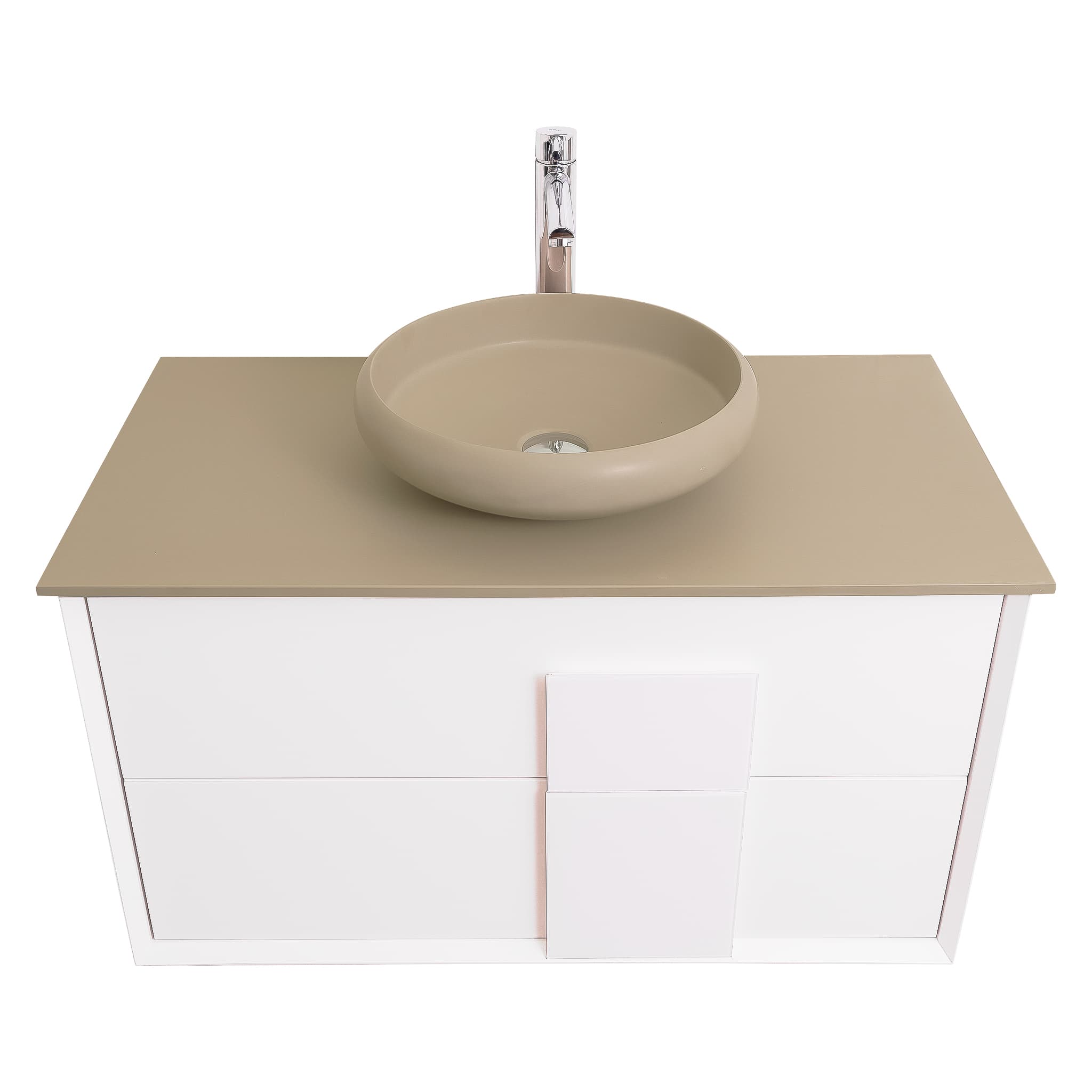 Piazza 31.5 Matte White With White Handle Cabinet, Solid Surface Flat Taupe Counter and Round Solid Surface Taupe Basin 1153, Wall Mounted Modern Vanity Set