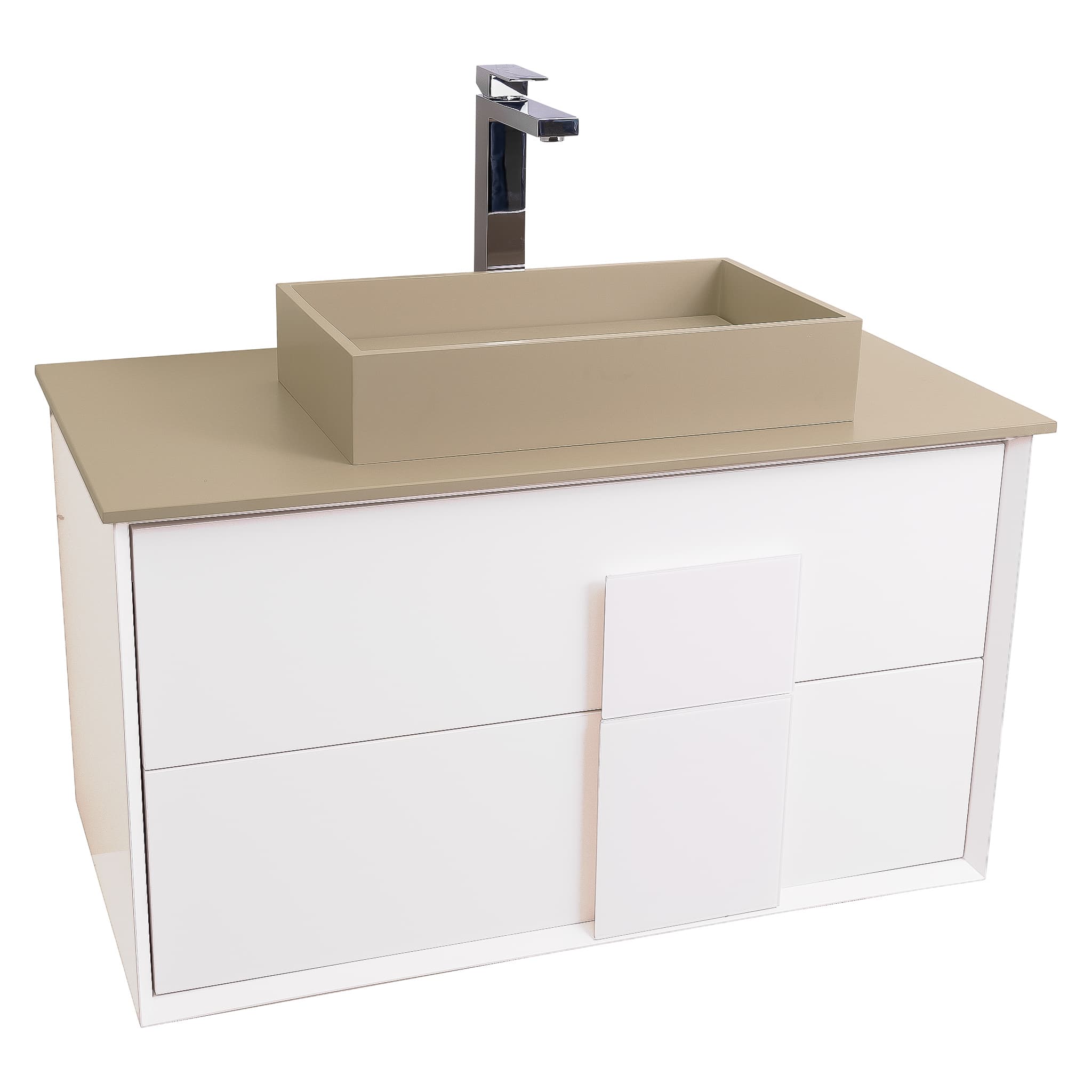 Piazza 31.5 Matte White With White Handle Cabinet, Solid Surface Flat Taupe Counter and Infinity Square Solid Surface Taupe Basin 1329, Wall Mounted Modern Vanity Set