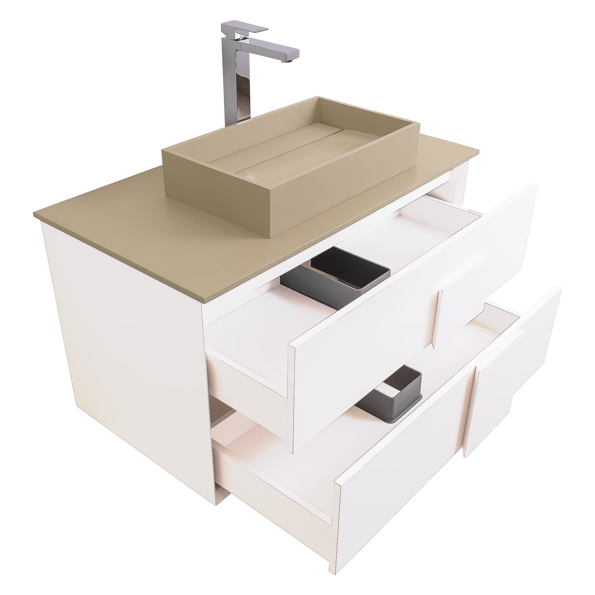 Piazza 31.5 Matte White With White Handle Cabinet, Solid Surface Flat Taupe Counter and Infinity Square Solid Surface Taupe Basin 1329, Wall Mounted Modern Vanity Set