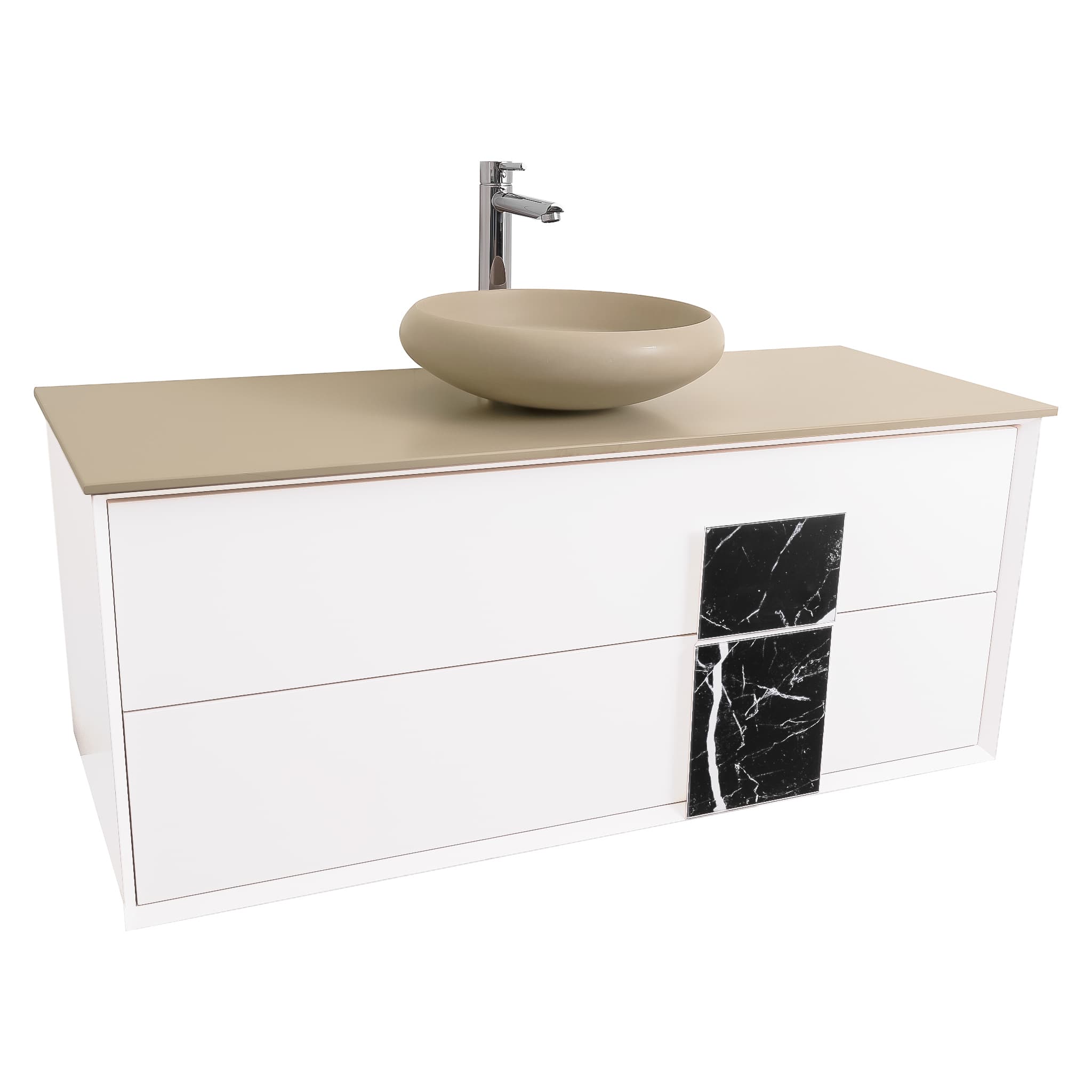 Piazza 47.5 Matte White With Black Marble Handle Cabinet, Solid Surface Flat Taupe Counter and Round Solid Surface Taupe Basin 1153, Wall Mounted Modern Vanity Set