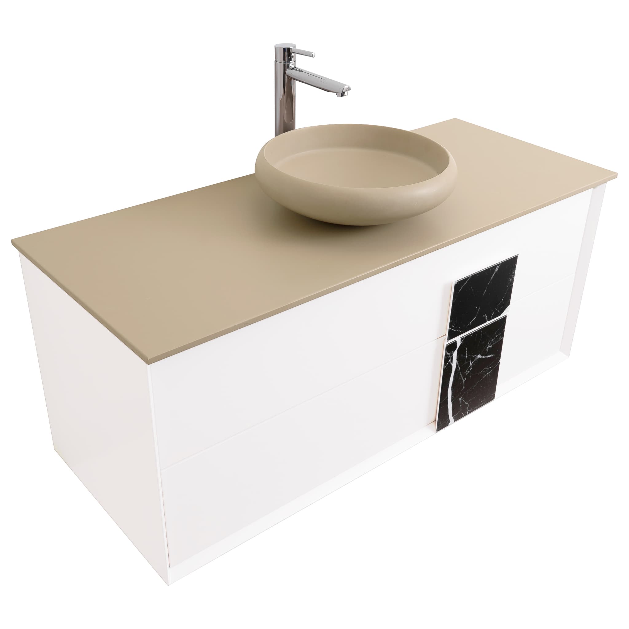 Piazza 47.5 Matte White With Black Marble Handle Cabinet, Solid Surface Flat Taupe Counter and Round Solid Surface Taupe Basin 1153, Wall Mounted Modern Vanity Set