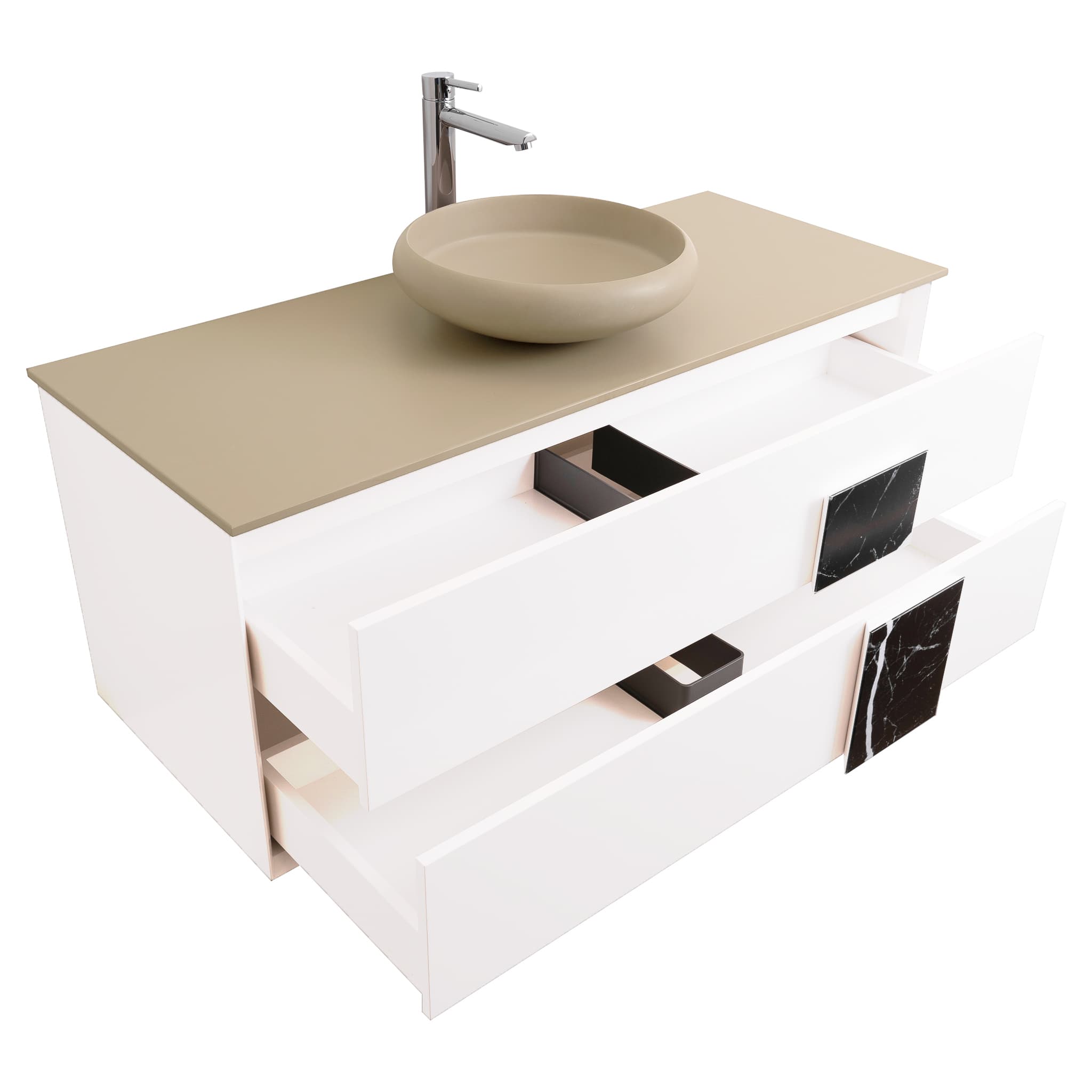 Piazza 47.5 Matte White With Black Marble Handle Cabinet, Solid Surface Flat Taupe Counter and Round Solid Surface Taupe Basin 1153, Wall Mounted Modern Vanity Set