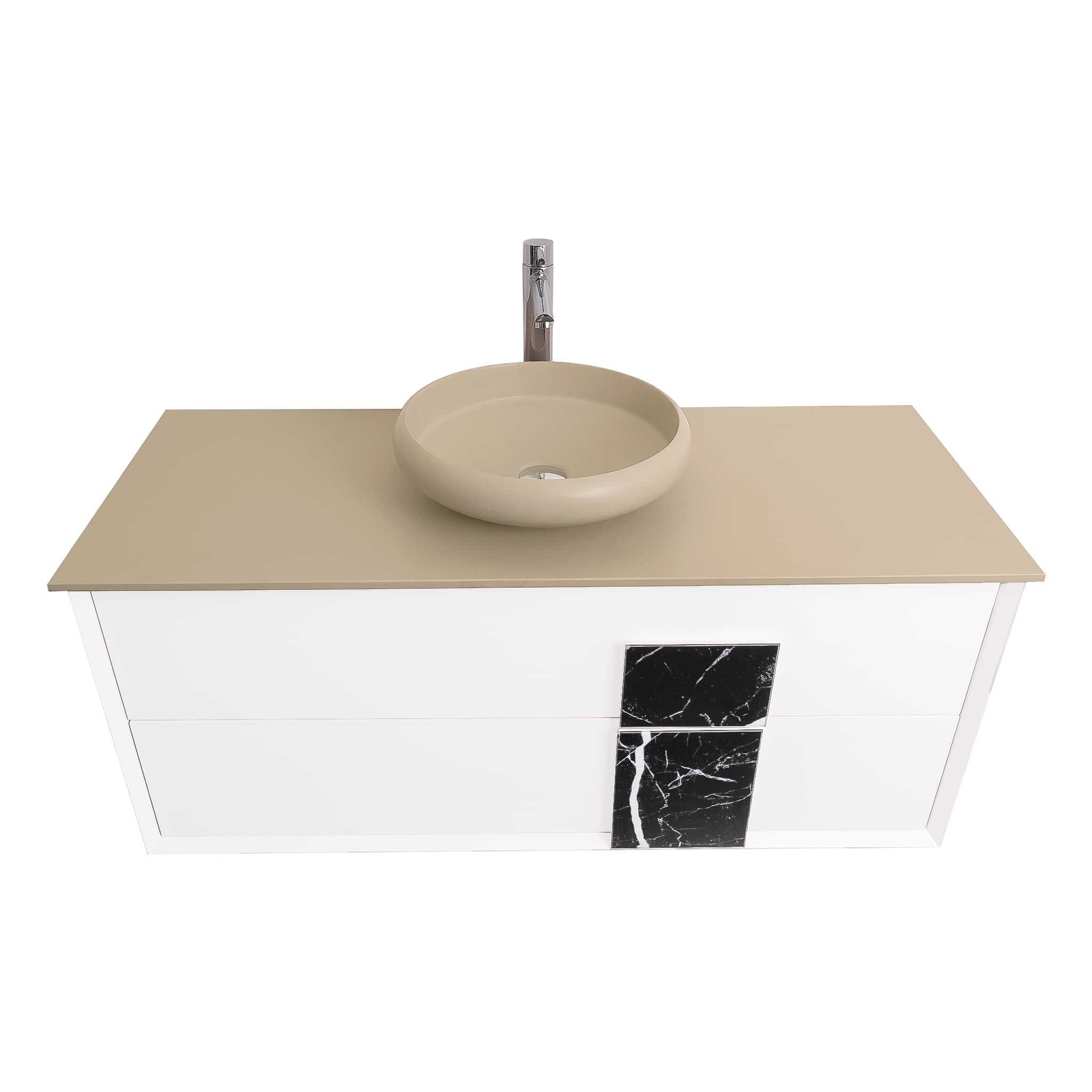 Piazza 47.5 Matte White With Black Marble Handle Cabinet, Solid Surface Flat Taupe Counter and Round Solid Surface Taupe Basin 1153, Wall Mounted Modern Vanity Set