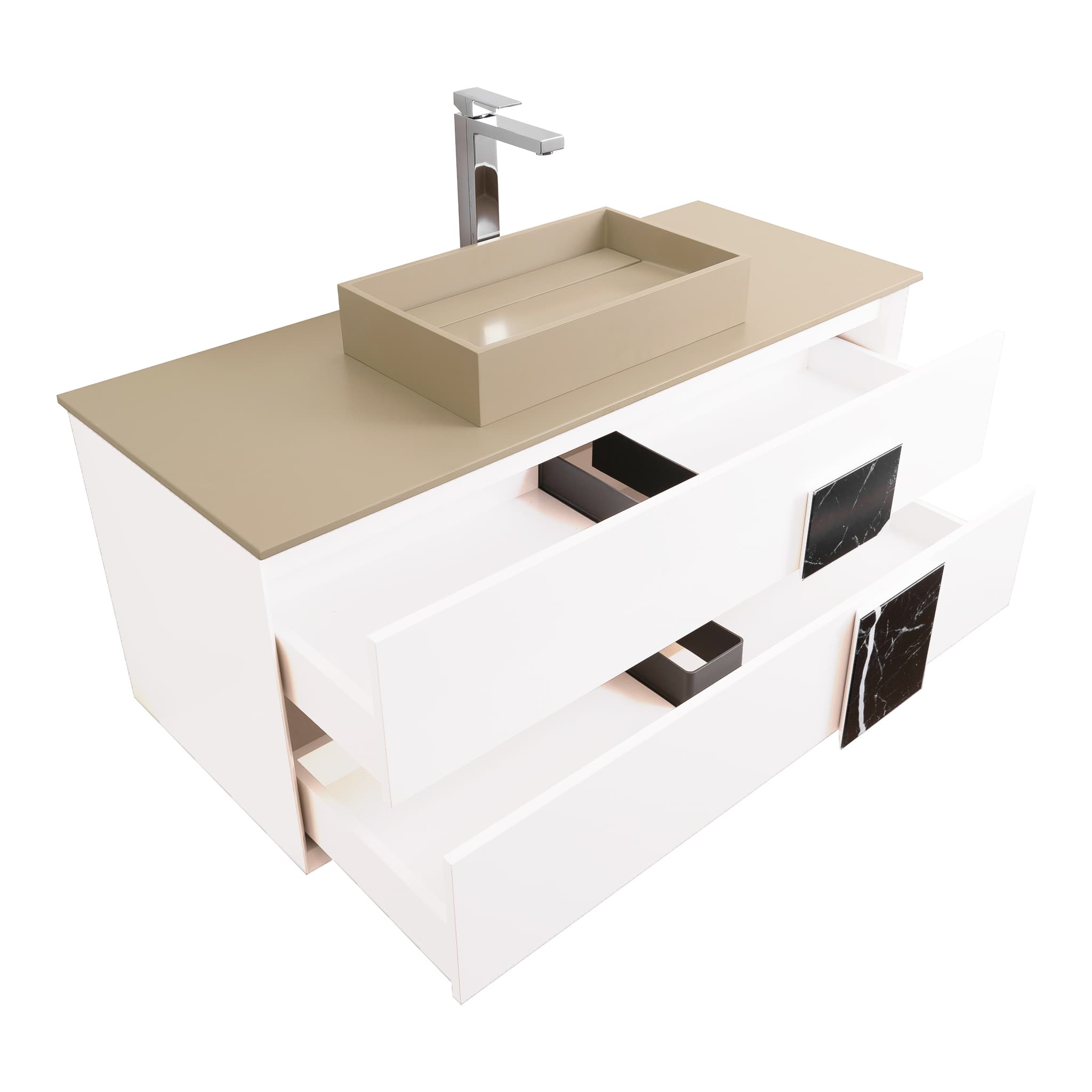 Piazza 47.5 Matte White With Black Marble Handle Cabinet, Solid Surface Flat Taupe Counter and Infinity Square Solid Surface Taupe Basin 1329, Wall Mounted Modern Vanity Set