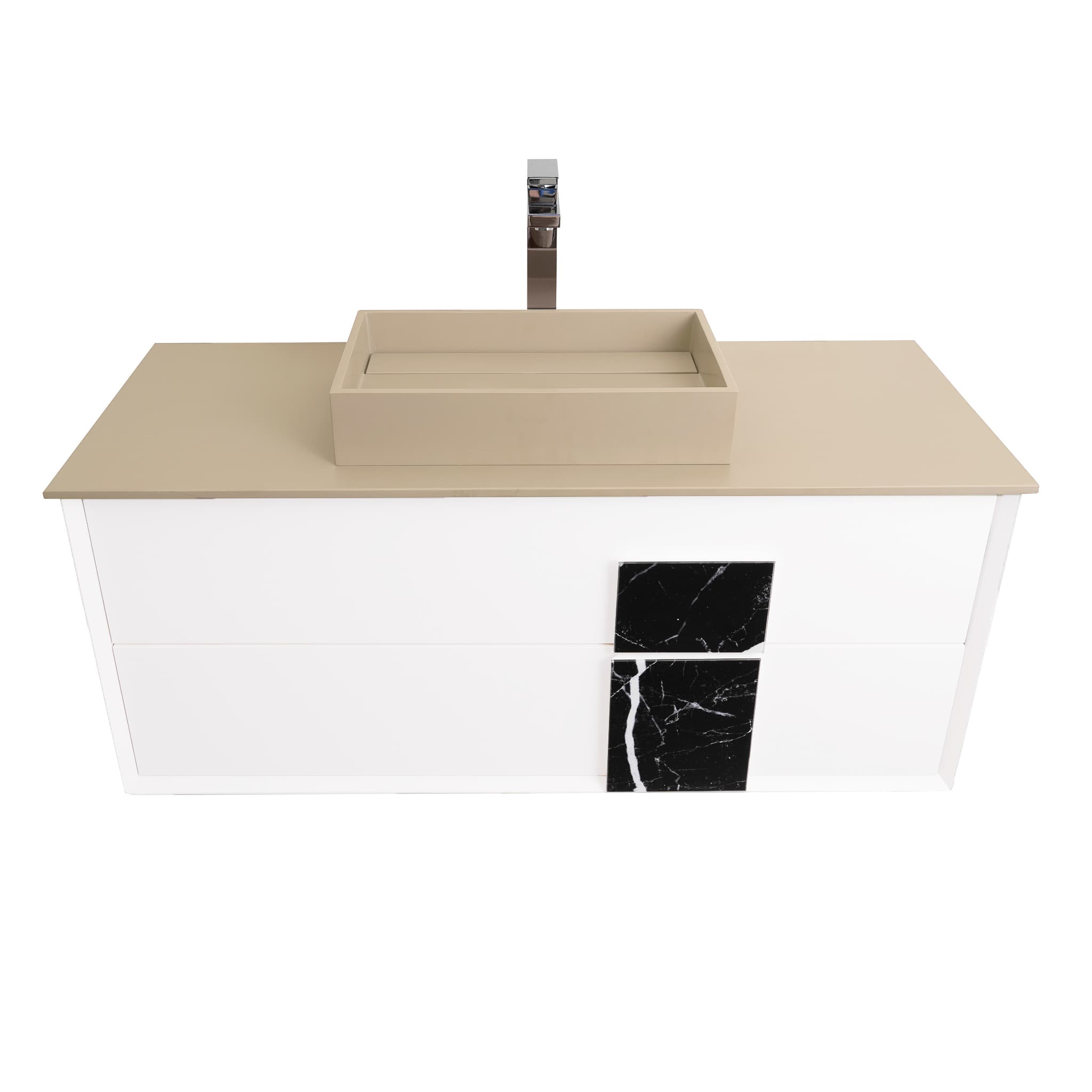 Piazza 47.5 Matte White With Black Marble Handle Cabinet, Solid Surface Flat Taupe Counter and Infinity Square Solid Surface Taupe Basin 1329, Wall Mounted Modern Vanity Set
